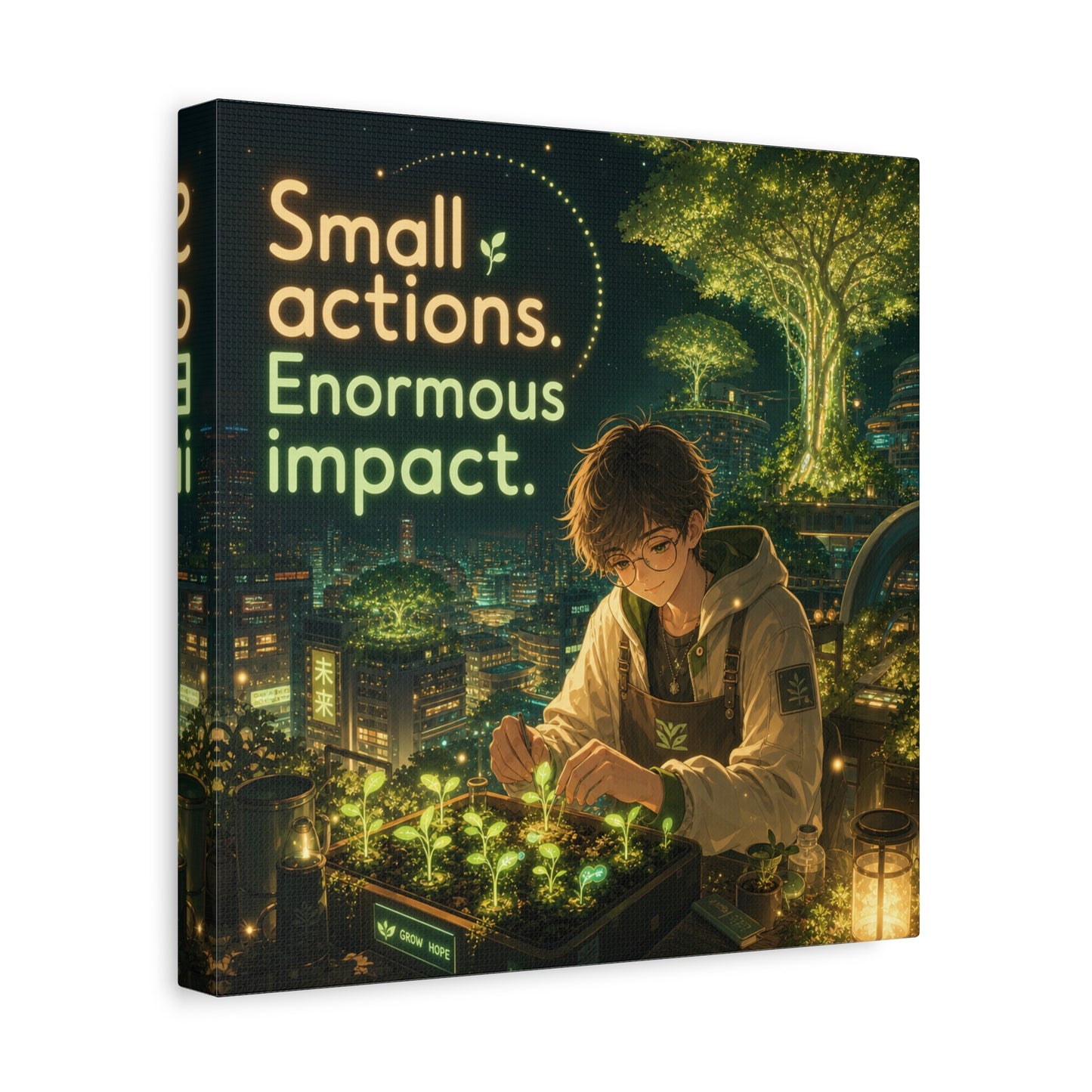 "Small Actions. Enormous Impact." Inspirational Canvas Wall Art - Anime Boy Gardening Cityscape - Glowing Green Night Illustration - Bedroom Home Decoration, Home Office Decor - Living Room Wall Decor