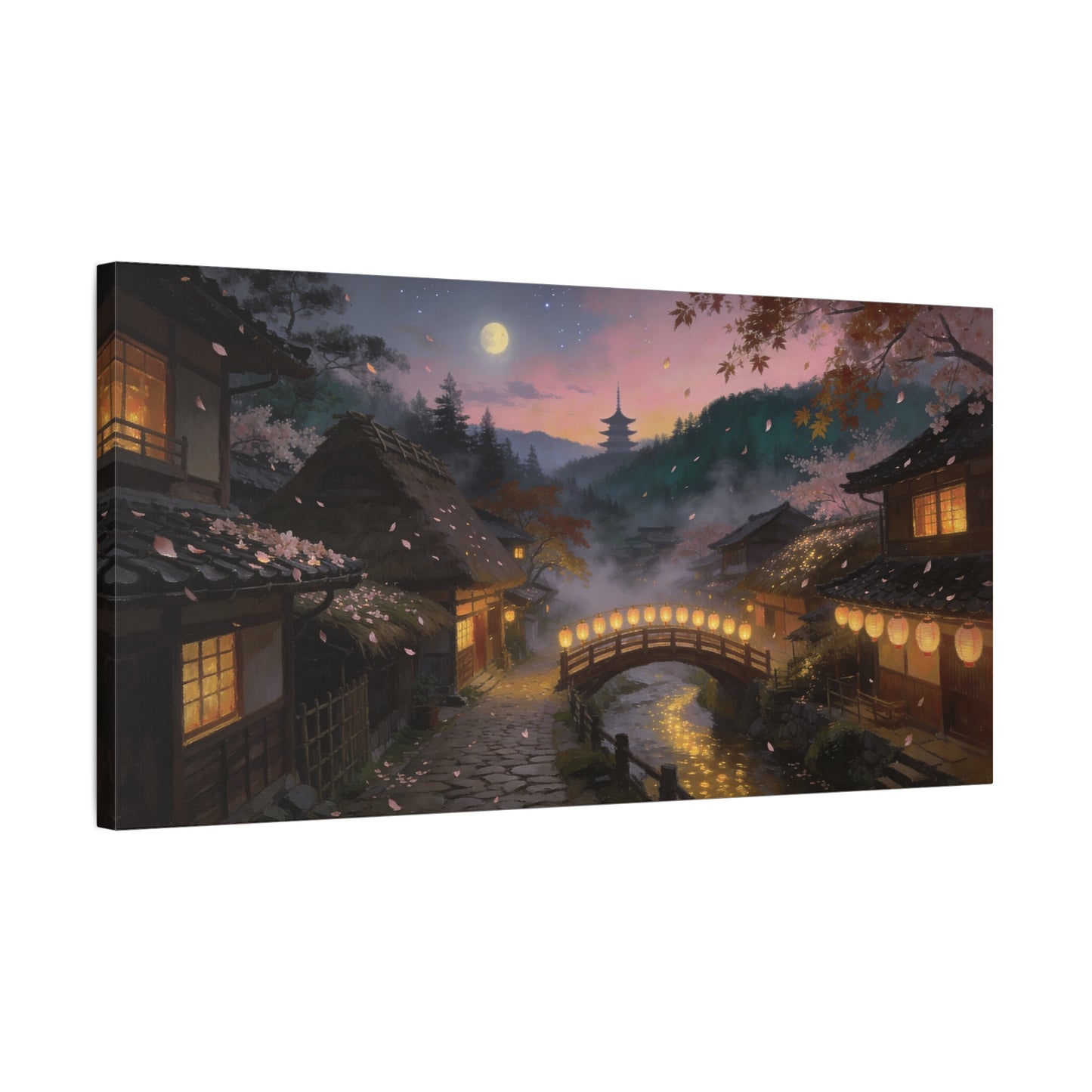 Japanese Village Moonlit Canvas Wall Art - Lantern Bridge, Cherry Blossom Petals, Pagoda Landscape - Matte Cotton Print - Traditional Style, Living Room Wall Decor, Bedroom Decoration - Ready to Hang