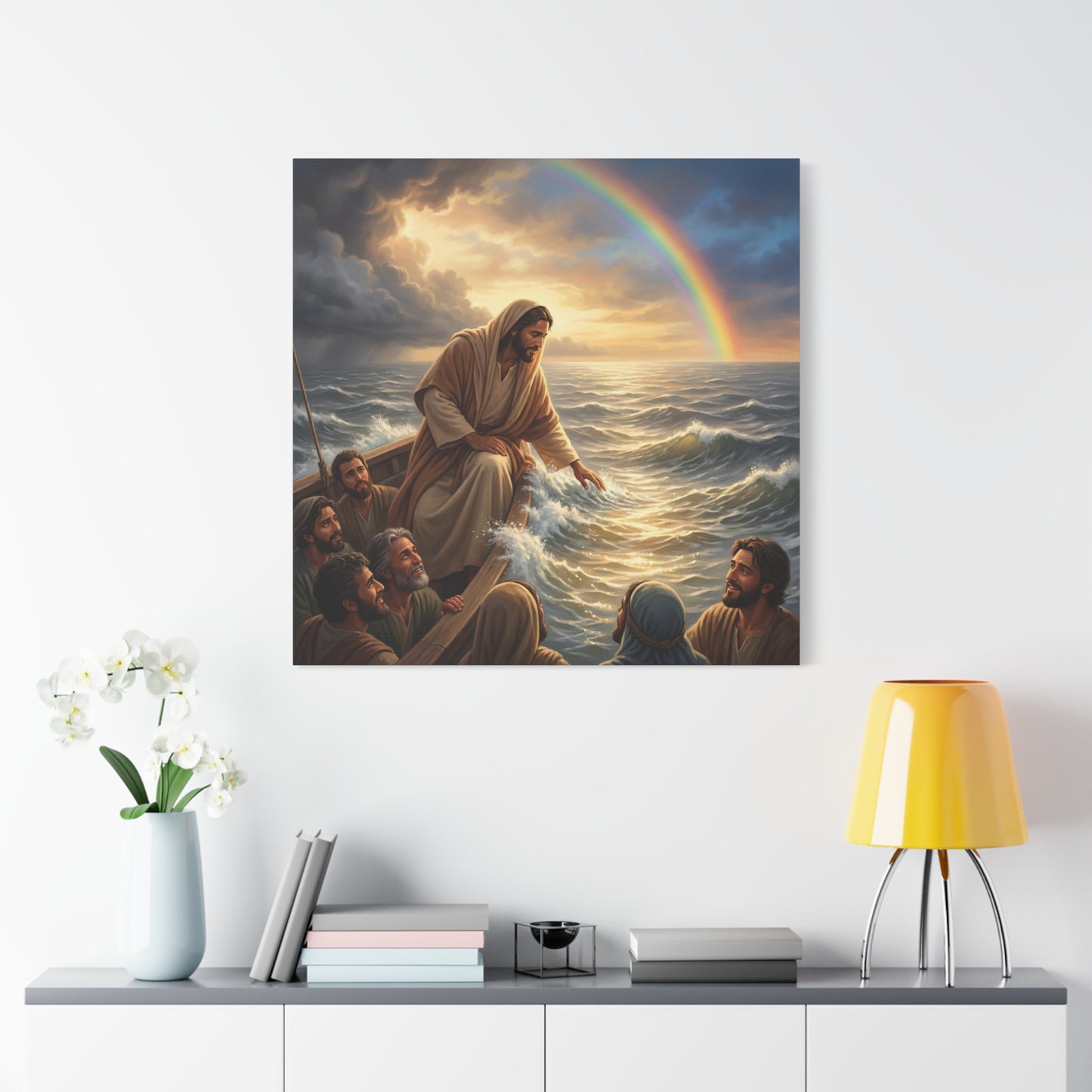 Jesus Christ Walking On Water Canvas Wall Art - Rainbow Over Stormy Sea, Disciples In Boat - Matte Cotton Print - Traditional Religious Style - Living Room Wall Decor - Bedroom Home Decoration