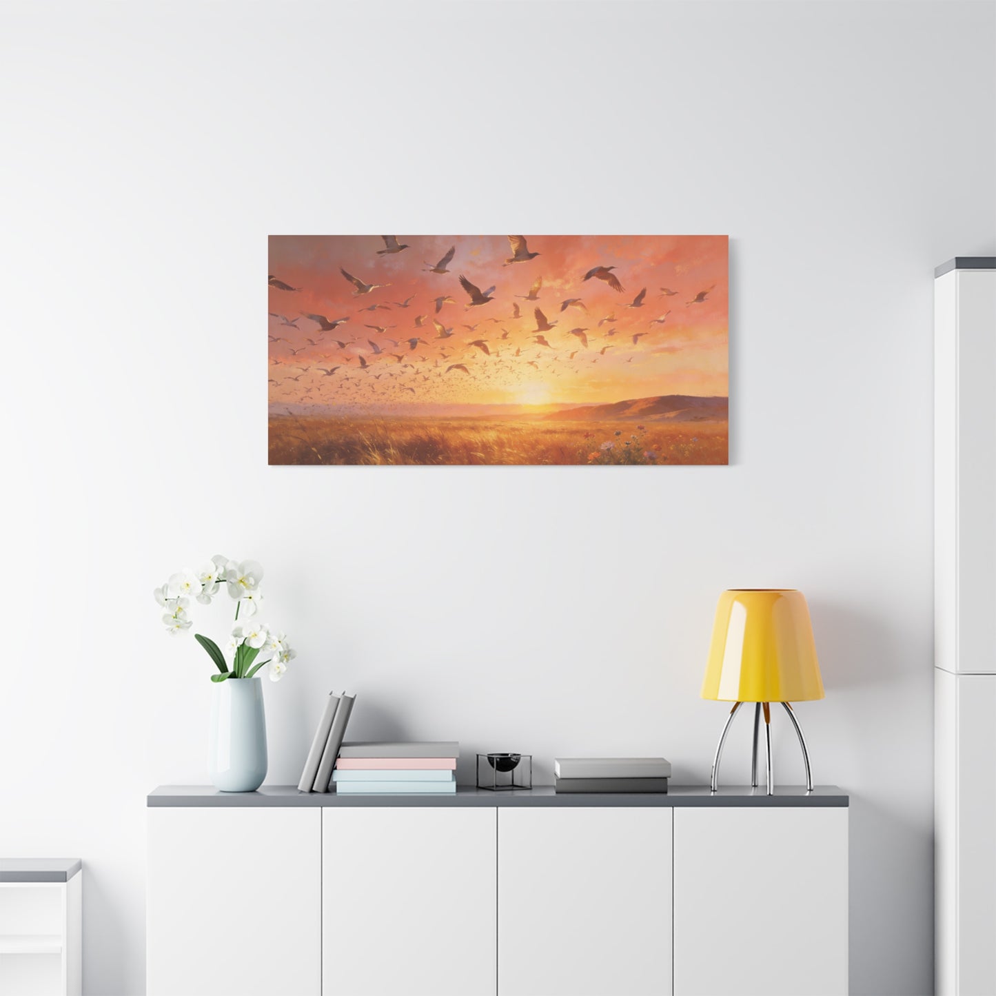 Flock Of Seabirds Canvas Wall Art - Sunset Meadow Landscape Print, Warm Golden Sky, Painterly Nature Scene - Contemporary Style - Living Room Wall Decor Bedroom Decoration - Bedroom Home Decoration