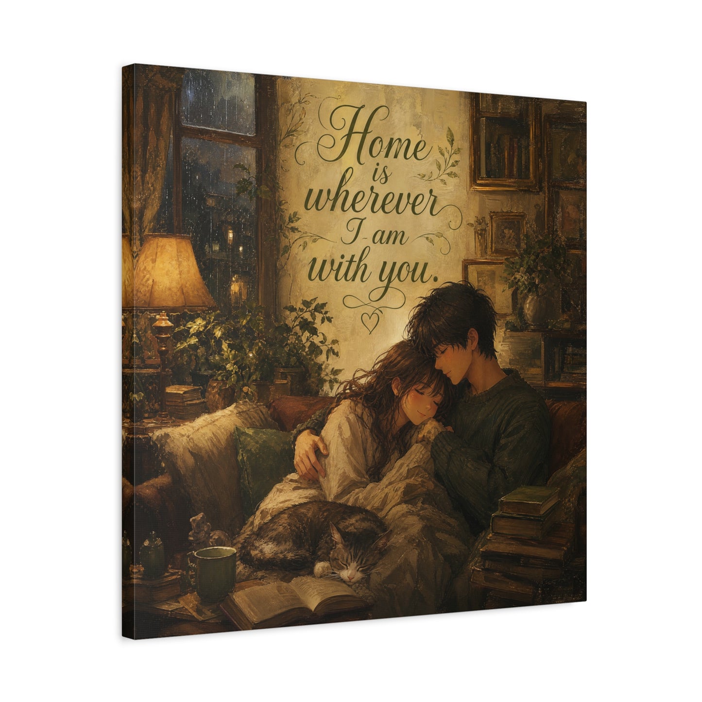 "Home Is Wherever I Am With You." Couple Canvas Wall Art - Romantic Cozy Reading Nook Quote Print - Vintage Warm Lamplight Style - Living Room Wall Decor, Bedroom Home Decoration - Ready to Hang