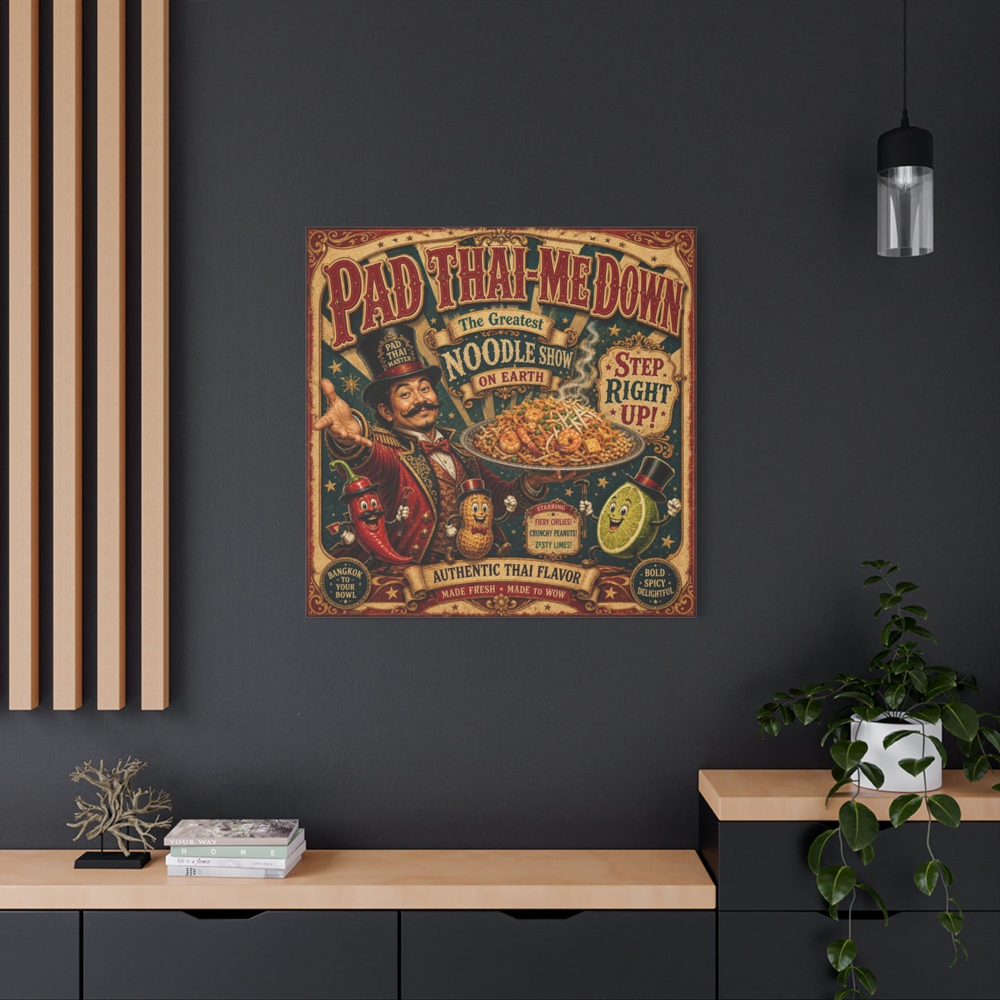"Pad Thai-Me Down" Canvas Wall Art - Vintage Circus Noodle Poster, Typography Illustration, Whimsical Restaurant Decor, Cafe Wall Decor, Retro Kitchen Accent, Matte Canvas Print - Ready to Hang