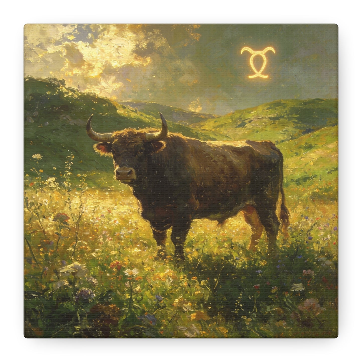Taurus Bull Canvas Wall Art - Golden Meadow Landscape Painting, Zodiac Symbol, Rustic Contemporary Cotton Canvas Print, Living Room Wall Decor, Bedroom Home Decoration, Office Art Accent