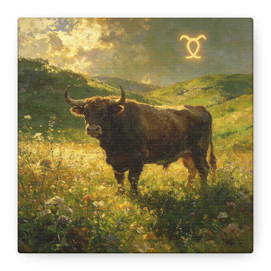 Taurus Bull Canvas Wall Art - Golden Meadow Landscape Painting, Zodiac Symbol, Rustic Contemporary Cotton Canvas Print, Living Room Wall Decor, Bedroom Home Decoration, Office Art Accent