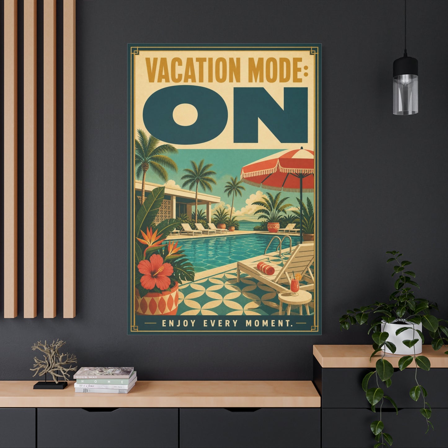 "Vacation Mode: On" Tropical Poolside Canvas Wall Art - Retro Resort Poster Print, Palm Tree Coastal Decor, Vintage Travel Style, Living Room Wall Decor, Vacation Rental Decoration - Ready to Hang