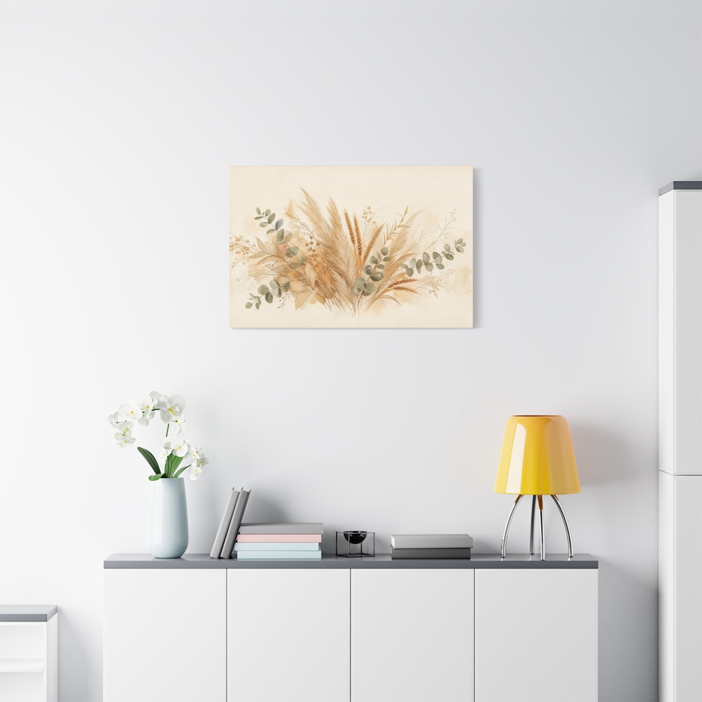 Neutral Botanical Canvas Wall Art - Pampas Grass, Wheat Stems, Eucalyptus Print - Soft Beige Sage Floral Composition - Modern Farmhouse Style - Living Room Wall Decor, Bedroom Home Decoration