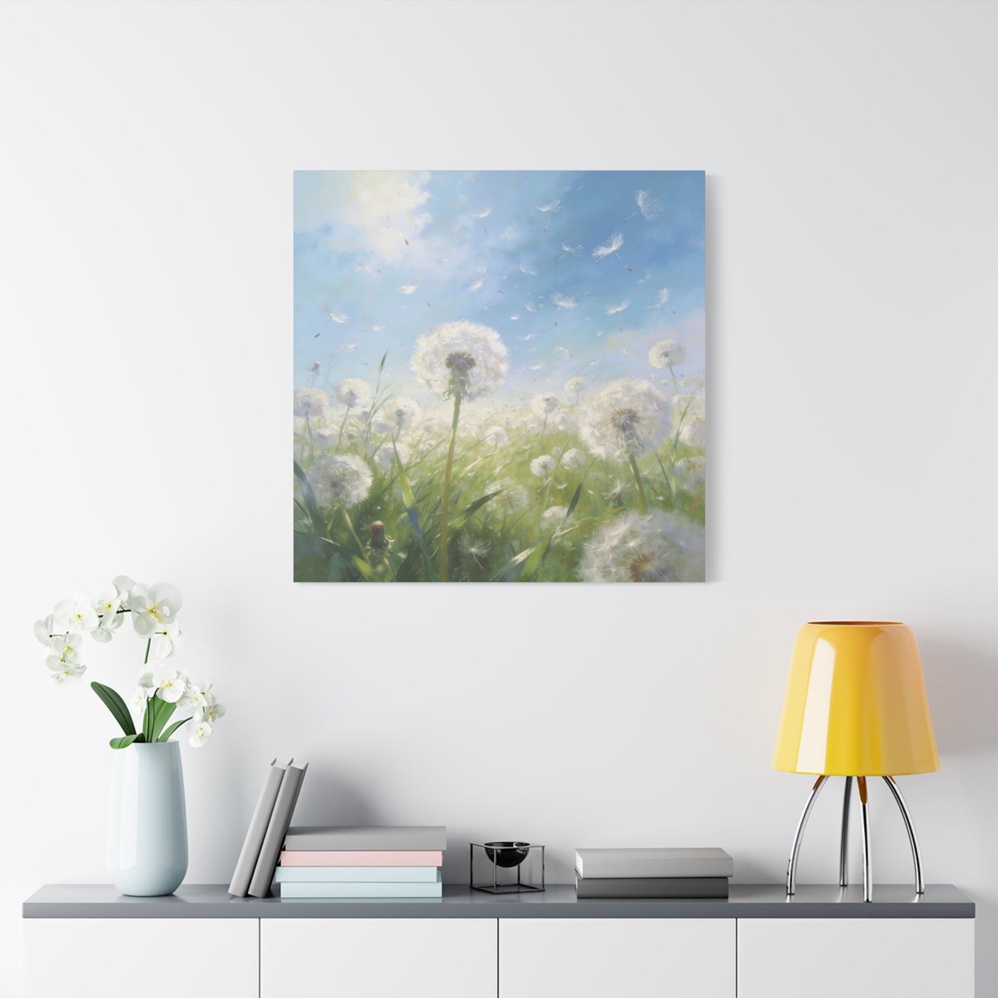 Dandelion Meadow Canvas Wall Art - Blue Sky Botanical Canvas Print, Soft Pastel Nature Wall Decor - Matte Cotton Artwork - Bedroom Home Decoration, Living Room Accent - Bedroom Home Decoration