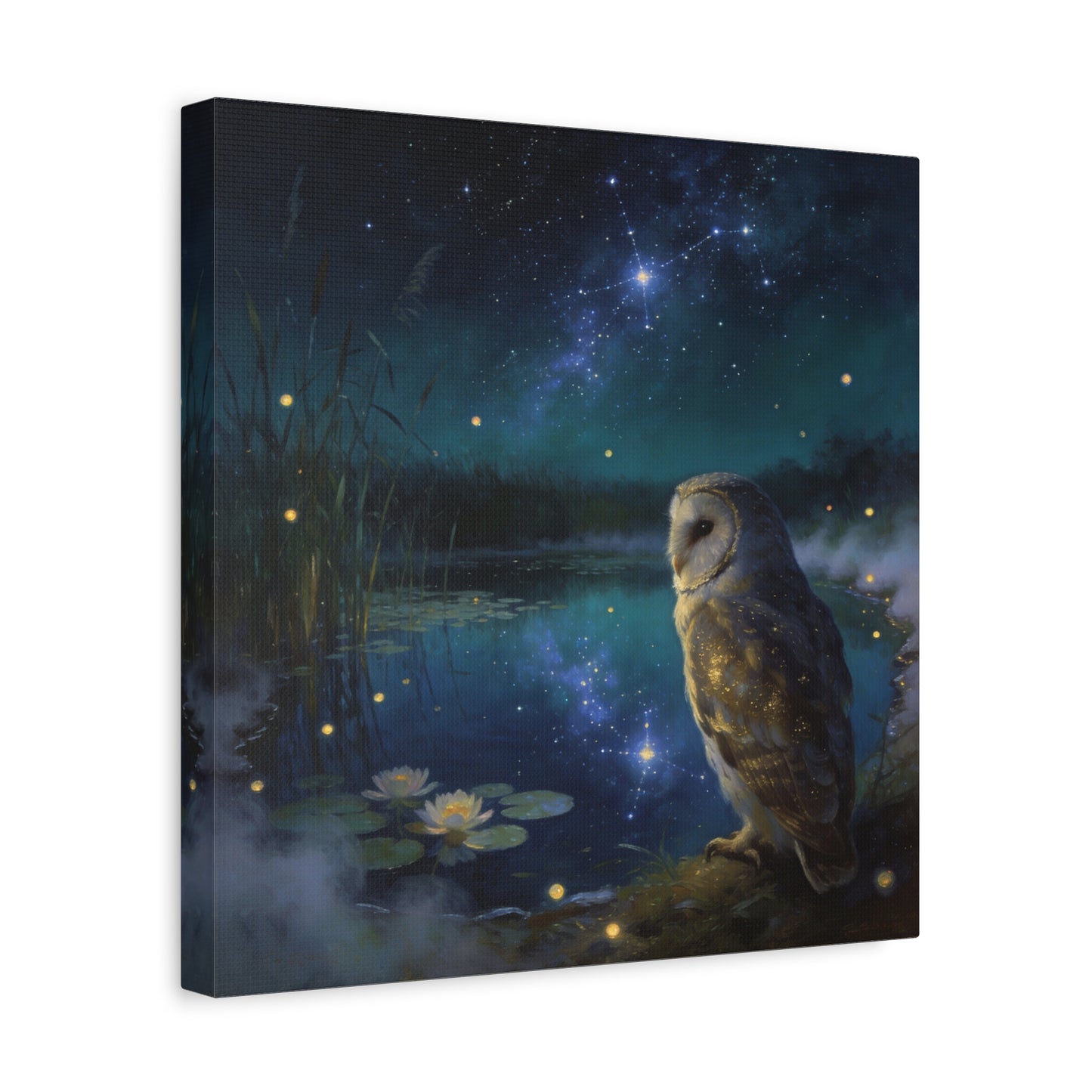 Barn Owl Canvas Wall Art - Moonlit Pond, Fireflies, Water Lilies, Starry Night Sky - Dreamy Wildlife Painting - Matte Finish Canvas Print - Bedroom Wall Decor, Nursery Accent - Bedroom Home Decoration