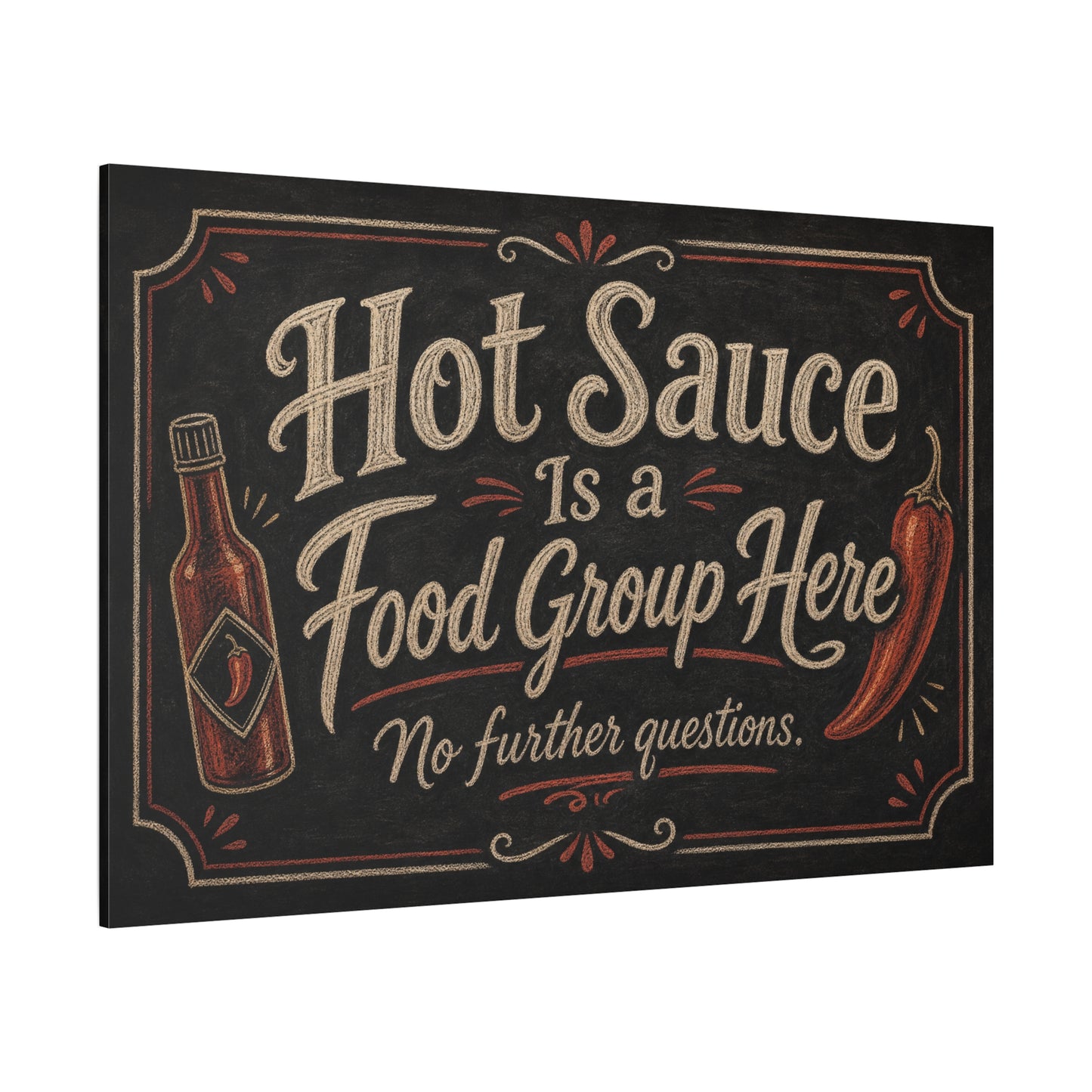 "Hot Sauce Is a Food Group Here No further questions." Canvas Wall Art - Chalkboard Kitchen Quote - Vintage Rustic Typography - Dining Room Wall Decor - Modern Farmhouse Style - Modern Farmhouse Style