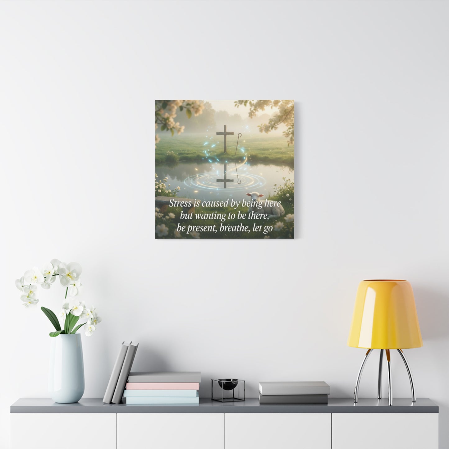 "Stress is caused by being here but wanting to be there, be present, breathe, let go" Cross Canvas Wall Art - Christian Inspirational Pond Scene - Traditional Style - Bedroom Wall Decor