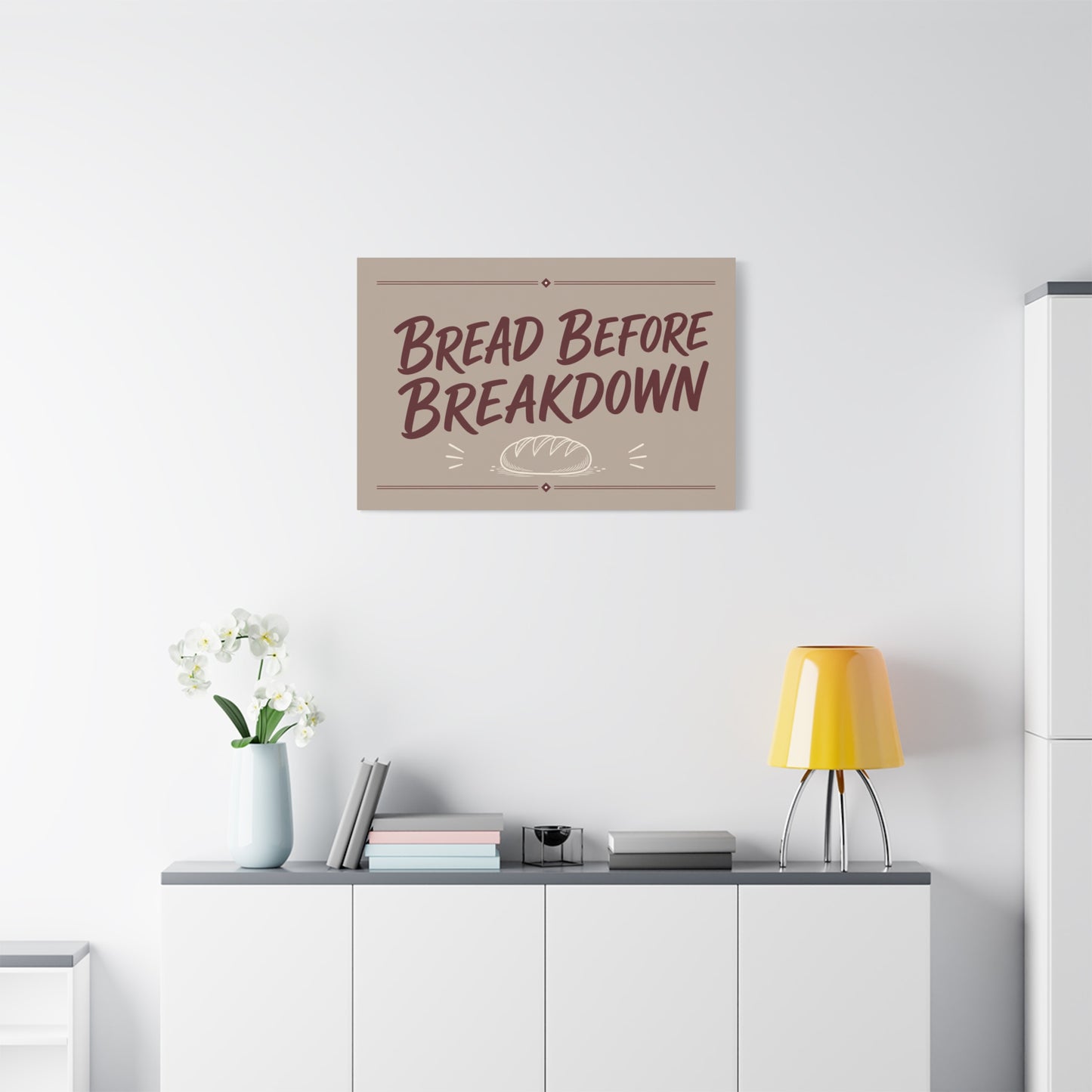 "Bread Before Breakdown" Funny Canvas Wall Art - Bread Loaf Typography Print, Rustic Farmhouse Food Decor - Beige Brown Minimalist Wall Hanging - Ready to Hang - Sandwich Shop Sign - Diner Decor