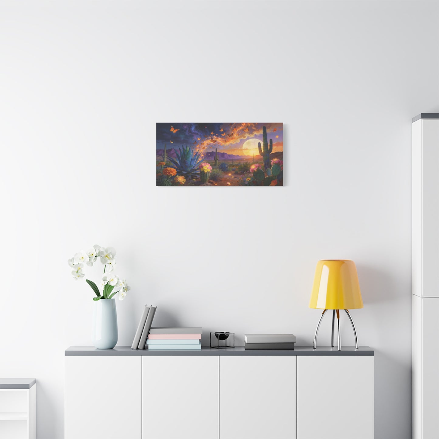 Desert Butterfly Canvas Wall Art - Moonlit Cactus Landscape, Agave And Wildflowers - Surreal Southwestern Style - Cotton Canvas Print - Living Room Wall Decor, Bedroom Accent - Bedroom Home Decoration