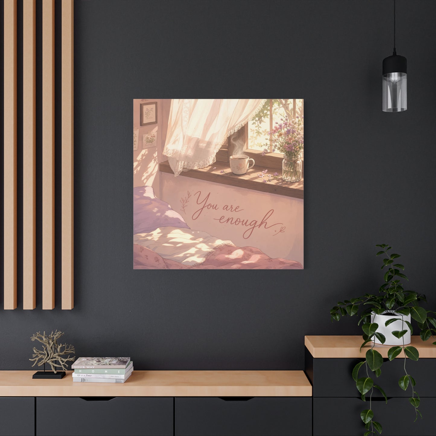 "You Are Enough" Inspirational Canvas Wall Art - Sunlit Bedroom Window Flowers, Cozy Pink Cottagecore Decor - Matte Affirmation Print - Bedroom Home Decoration, Teen Room Accent - Office Wall Art