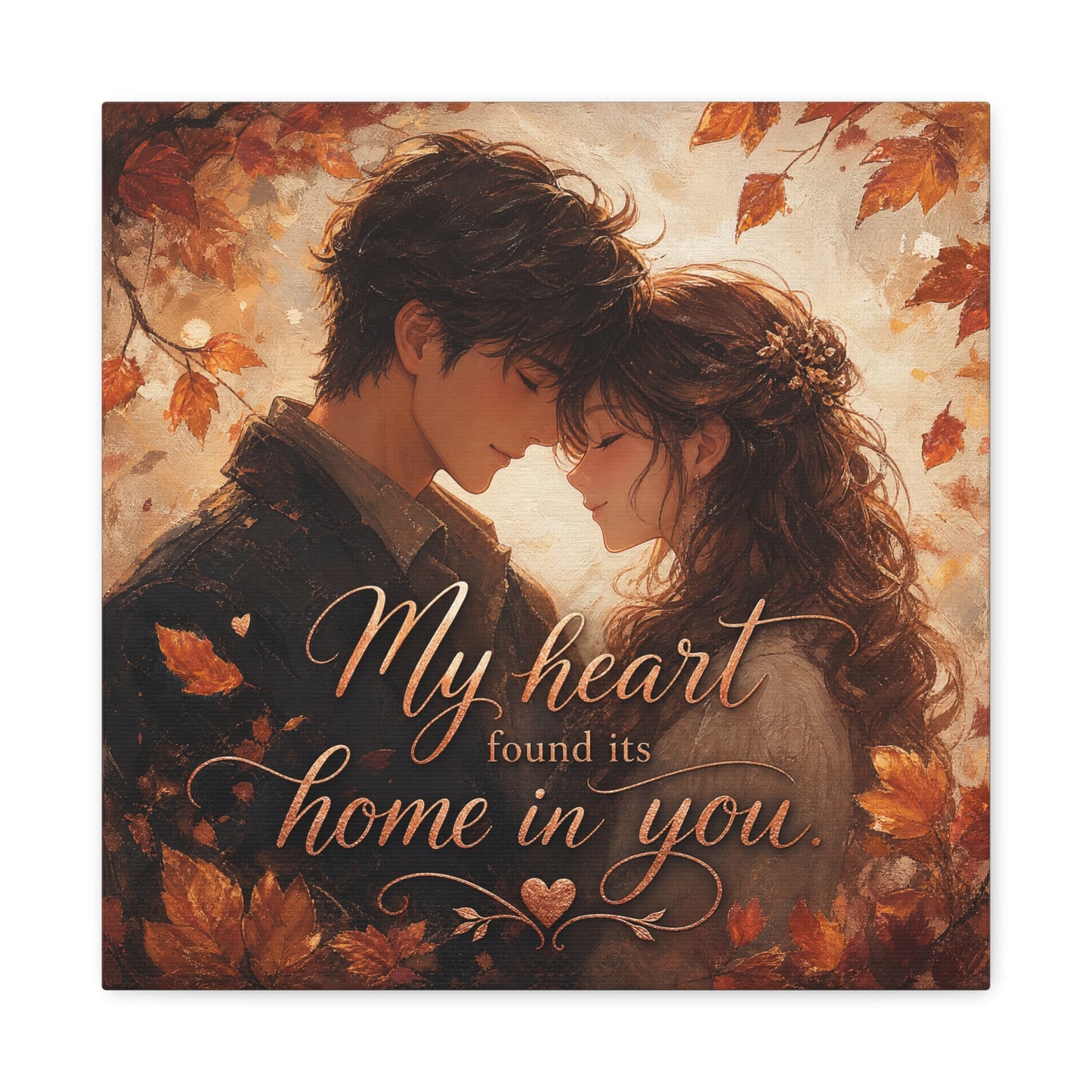 "My Heart Found Its Home In You" Romantic Couple Canvas Wall Art - Autumn Leaves Love Quote Print, Warm Rustic Traditional Style - Bedroom Wall Decor - Ready to Hang - Bedroom Home Decoration