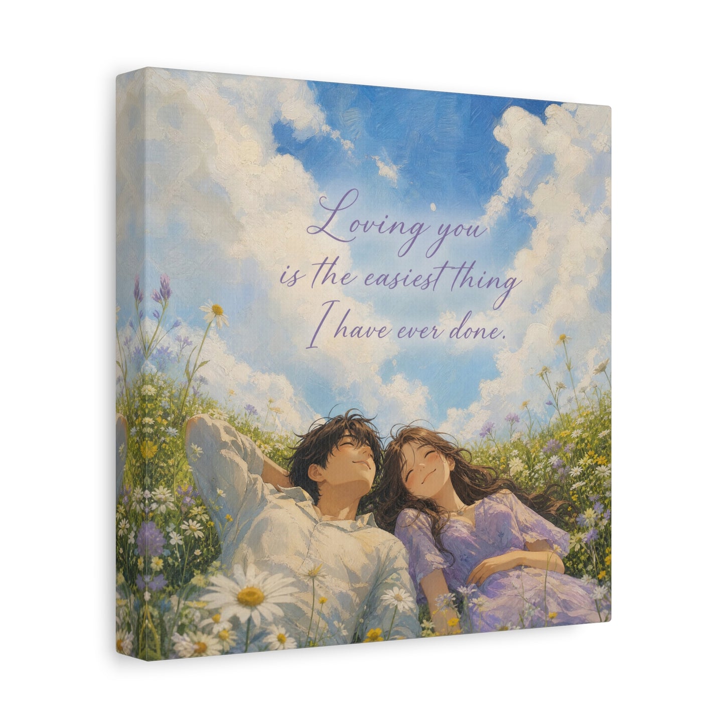 "Loving You Is The Easiest Thing I Have Ever Done." Canvas Wall Art - Romantic Couple In Wildflower Meadow Sky Quote Print - Dreamy Pastel Illustration - Ready to Hang - Living Room Wall Decor