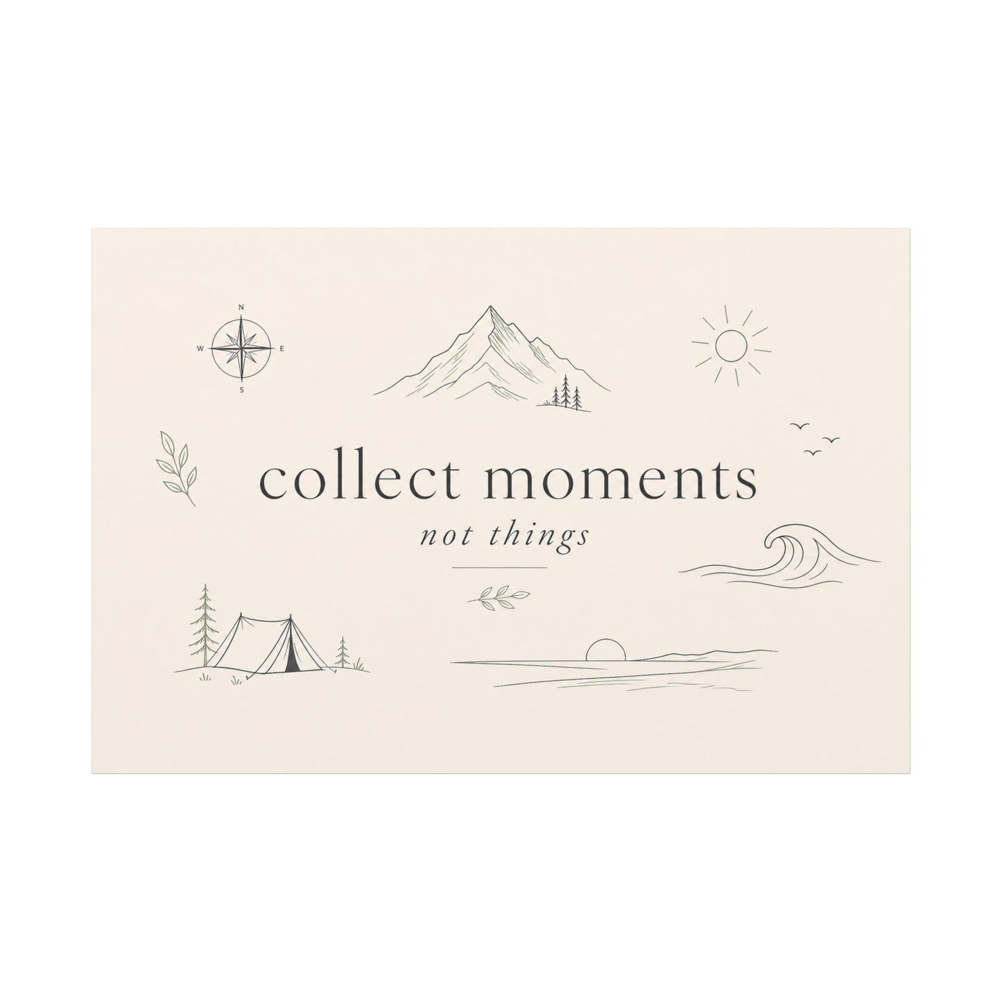 "Collect Moments Not Things" Minimalist Canvas Wall Art - Mountain, Compass, Wave Line Drawing - Neutral Typography Print - Boho Modern Wall Decor For Living Room, Bedroom, Office Accent