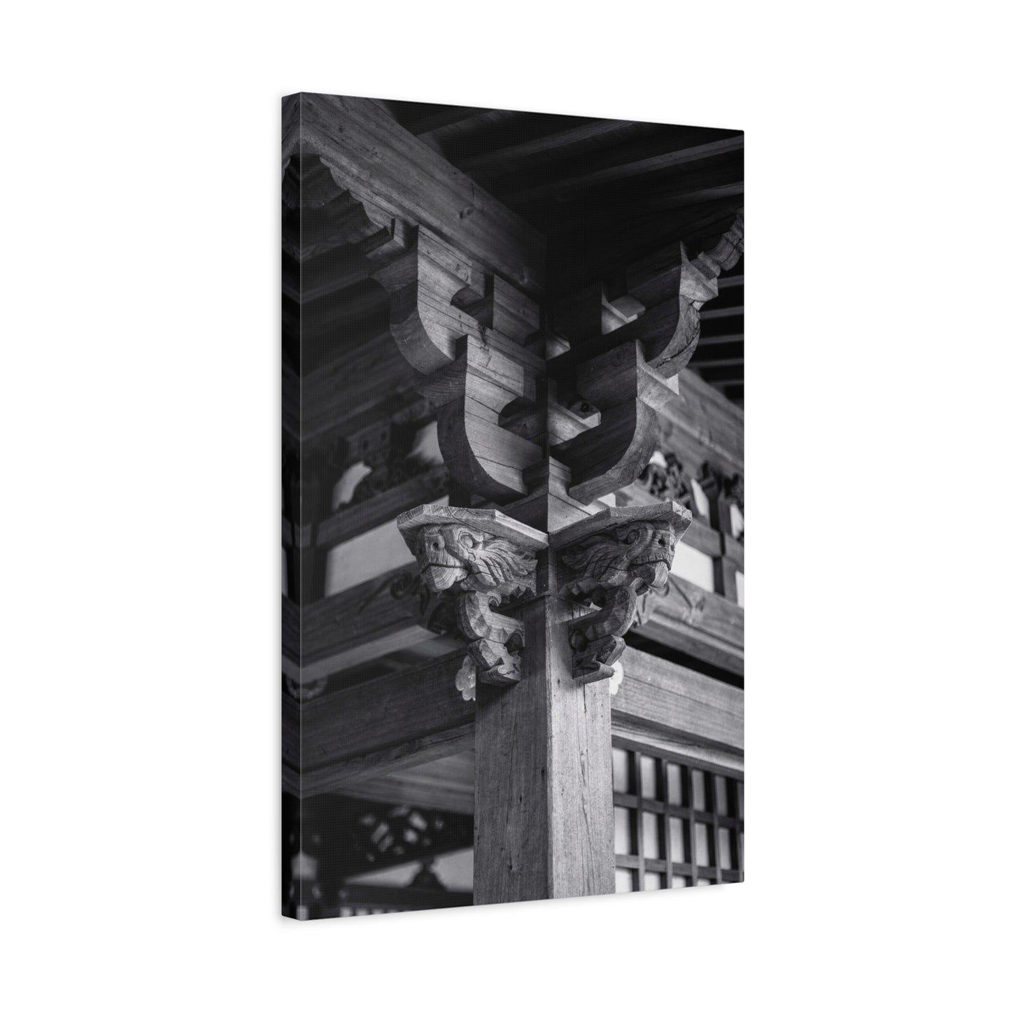 Japanese Temple Architecture Canvas Wall Art - Black And White Wooden Carved Bracket Art Print - Traditional Zen Style - Living Room Wall Decor, Bedroom Home Decoration - Bedroom Home Decoration