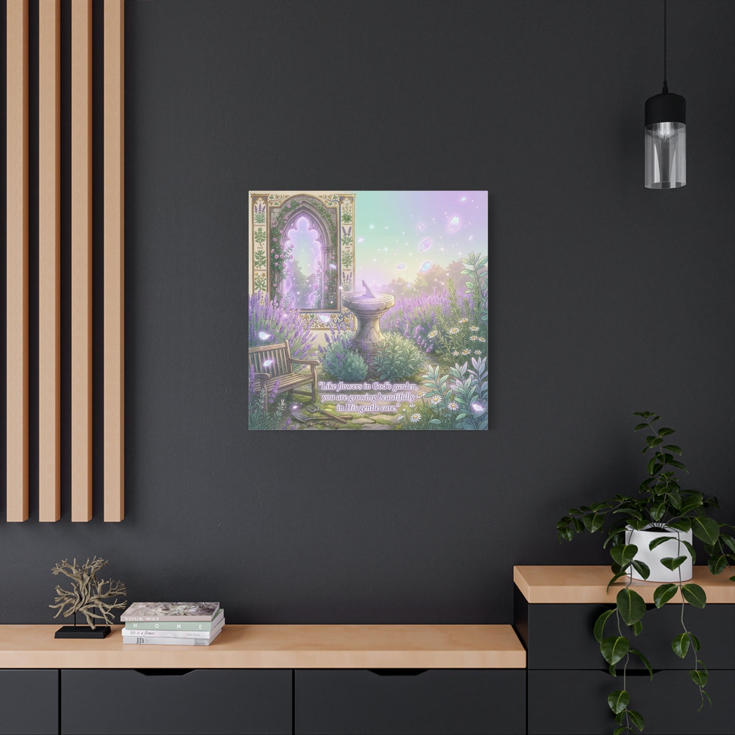 "Like Flowers In God's Garden, You Are Growing Beautifully In His Gentle Care" Canvas Wall Art - Lavender Garden Arch, Sundial Bench - Pastel Botanical Decor For Bedroom Living Room - Office Wall Art