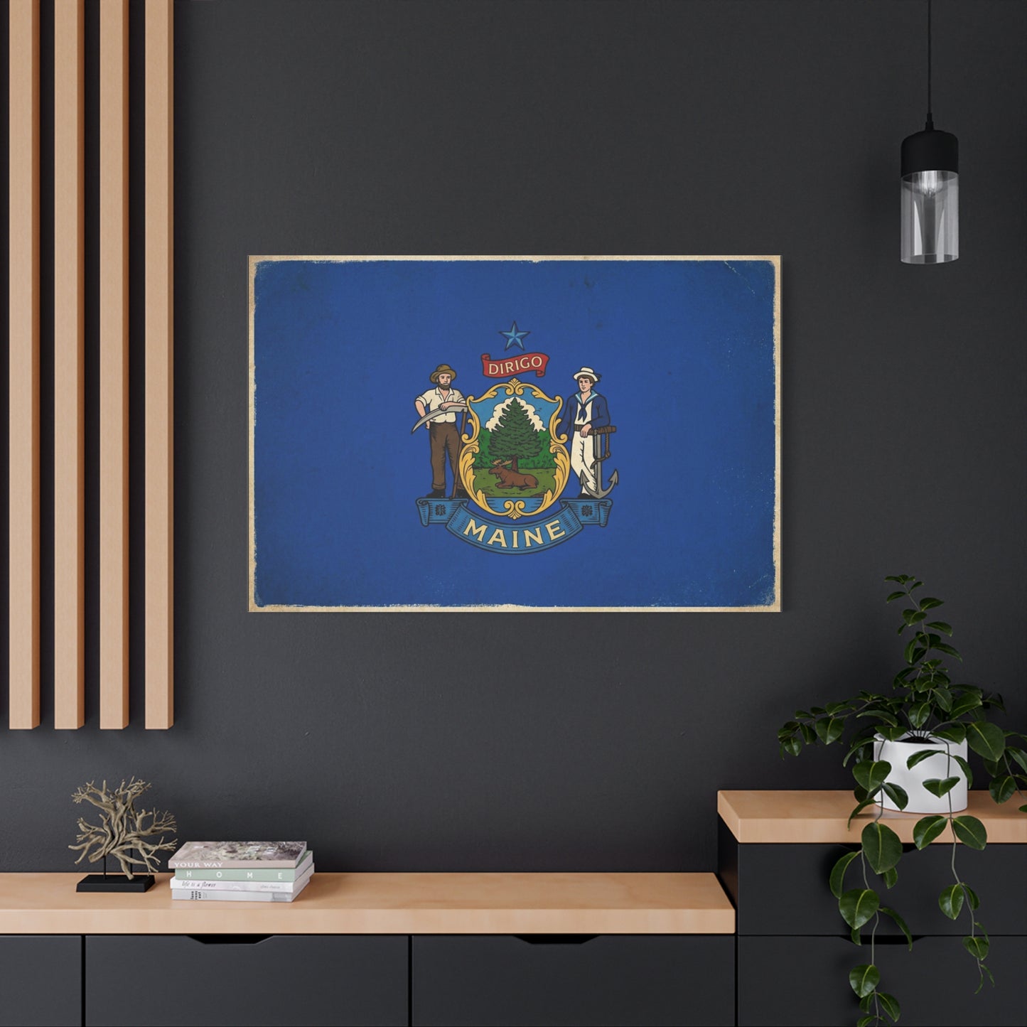 Maine State Flag Canvas Wall Art - Dirigo Vintage Blue Flag Print, Rustic Patriotic Decor - Distressed Illustration Style - Living Room Wall Decor, Office Art Accent - Bedroom Home Decoration