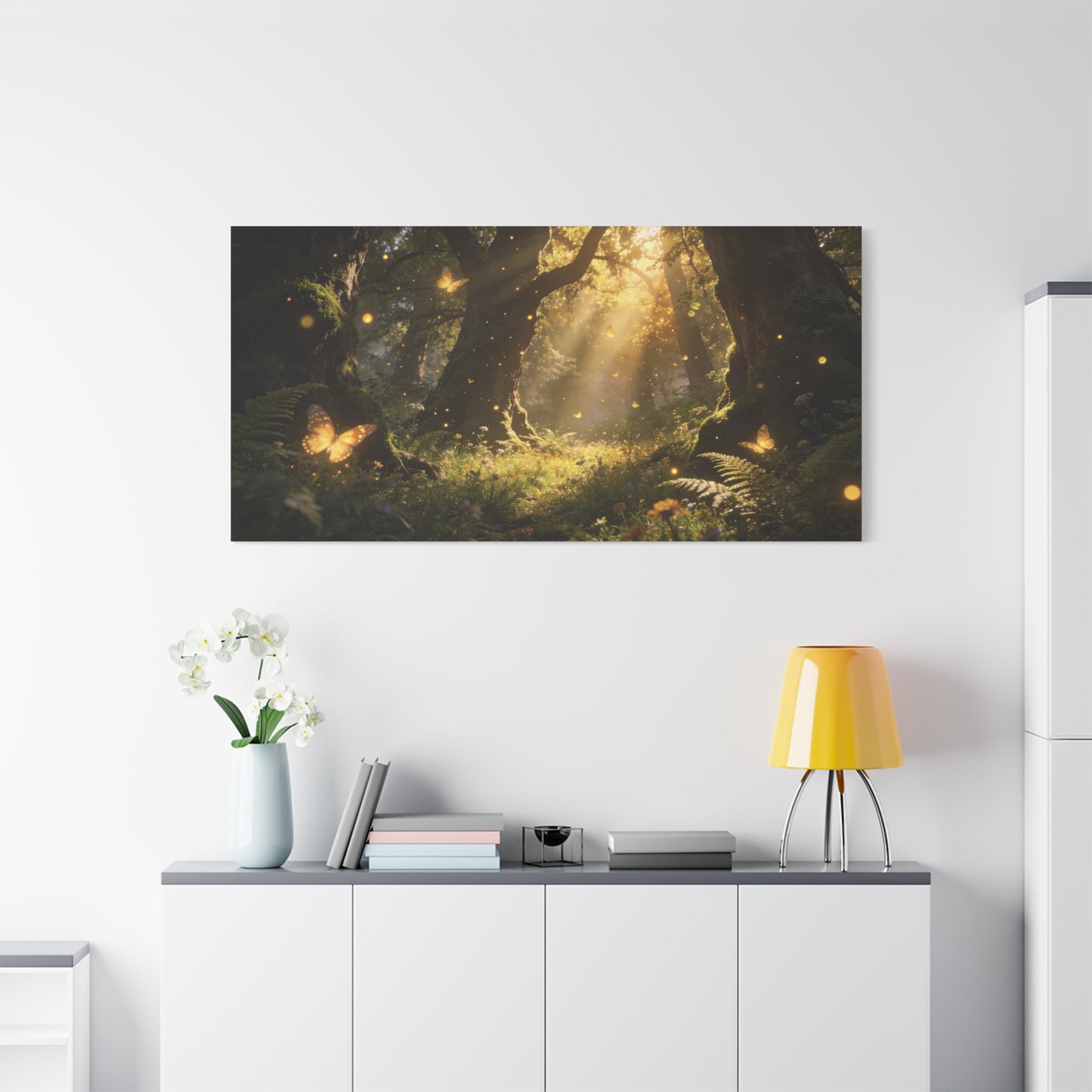 Enchanted Forest Canvas Wall Art - Sunlit Butterflies, Woodland Glade Scene - Matte Cotton Canvas Print - Fantasy Nature Style - Living Room Wall Decor, Bedroom Home Decoration - Cozy Reading Nook Art