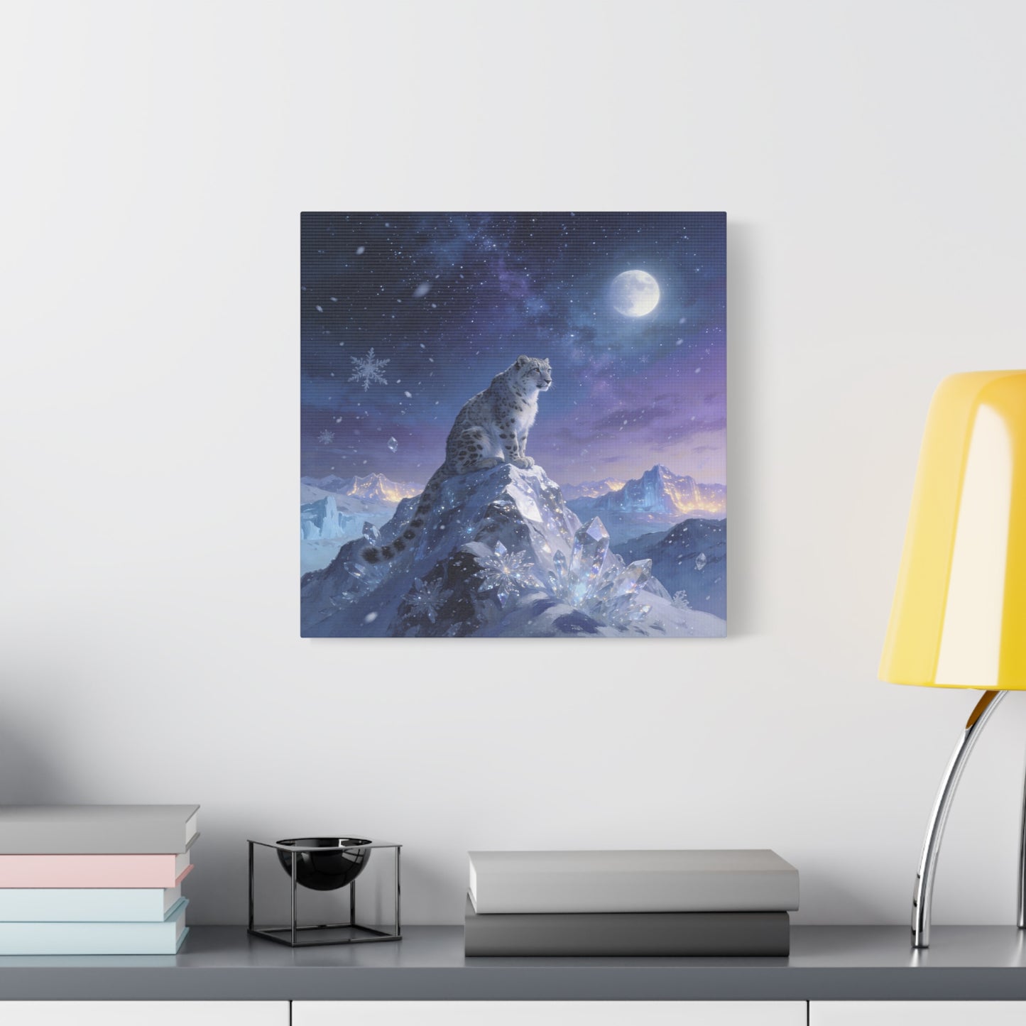 Snow Leopard Canvas Wall Art - Moonlit Arctic Crystal Landscape, Fantasy Wildlife Print - Matte Cotton Canvas - Contemporary Winter Style - Living Room Wall Decor Bedroom Home Decoration
