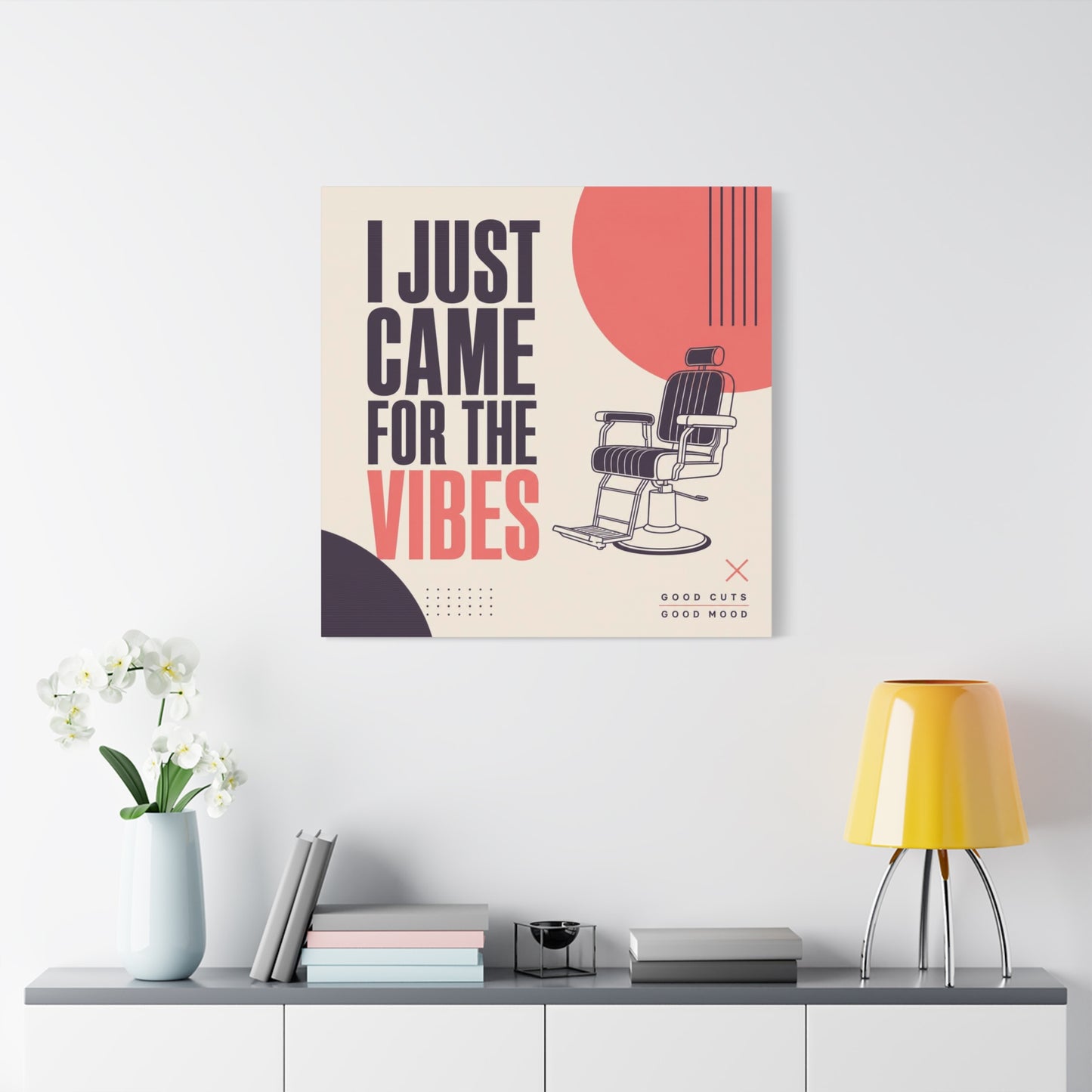 "I Just Came For The Vibes" Typography Canvas Wall Art - Barber Chair Line Illustration, Coral And Black Modern Salon Wall Decor - Minimalist Quote Print For Barbershop Lobby Workspace - Ready to Hang