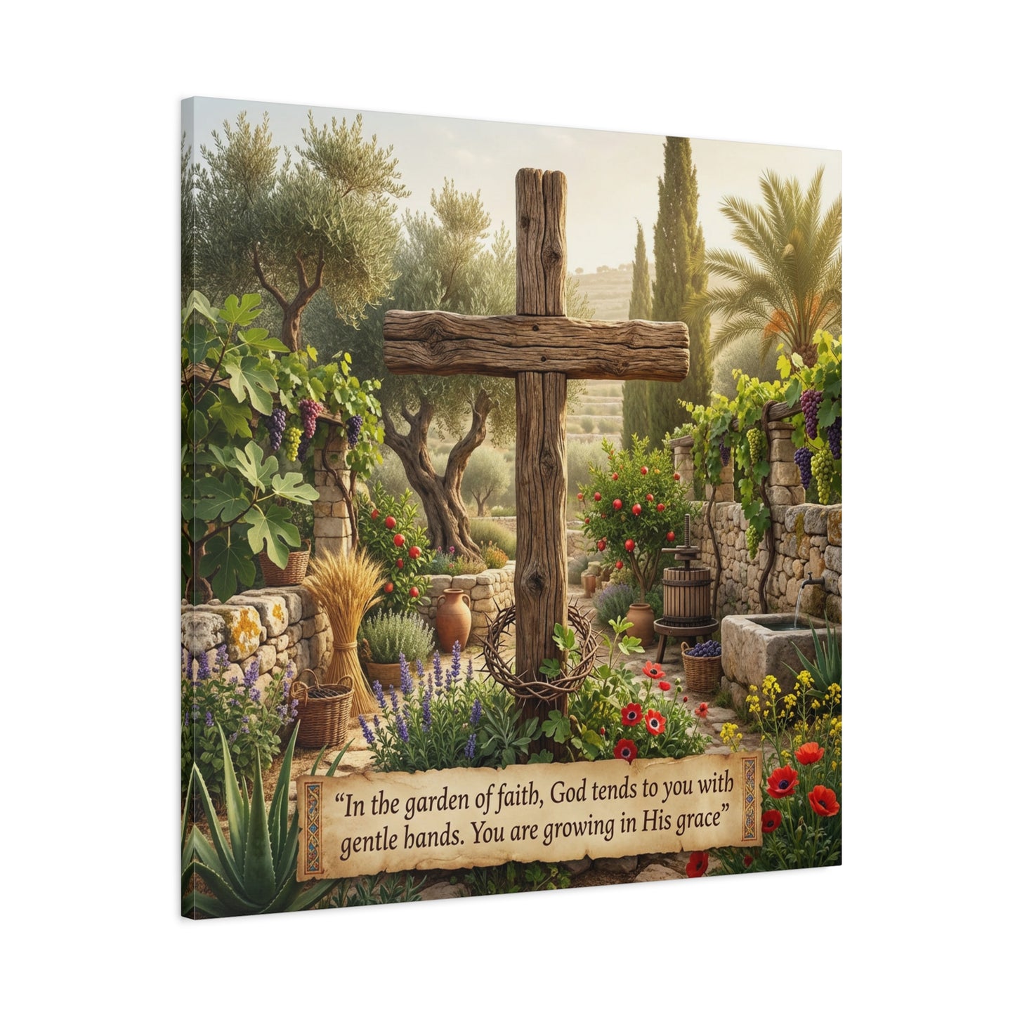 "In The Garden Of Faith, God Tends To You With Gentle Hands. You Are Growing In His Grace" Canvas Wall Art - Rustic Wooden Cross, Christian Garden Scene - Living Room Wall Decor - Ready to Hang