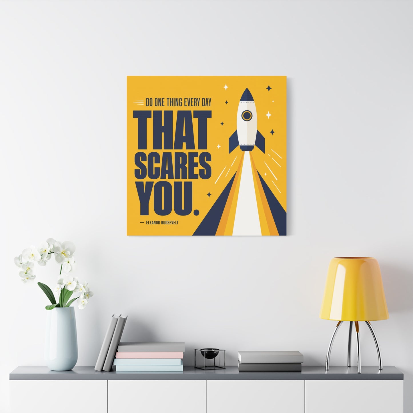 "Do One Thing Every Day That Scares You." Rocket Canvas Wall Art - Motivational Typography Space Decor - Modern Yellow Quote Print - Kids Bedroom Wall Decor, Playroom Home Decoration - Ready to Hang