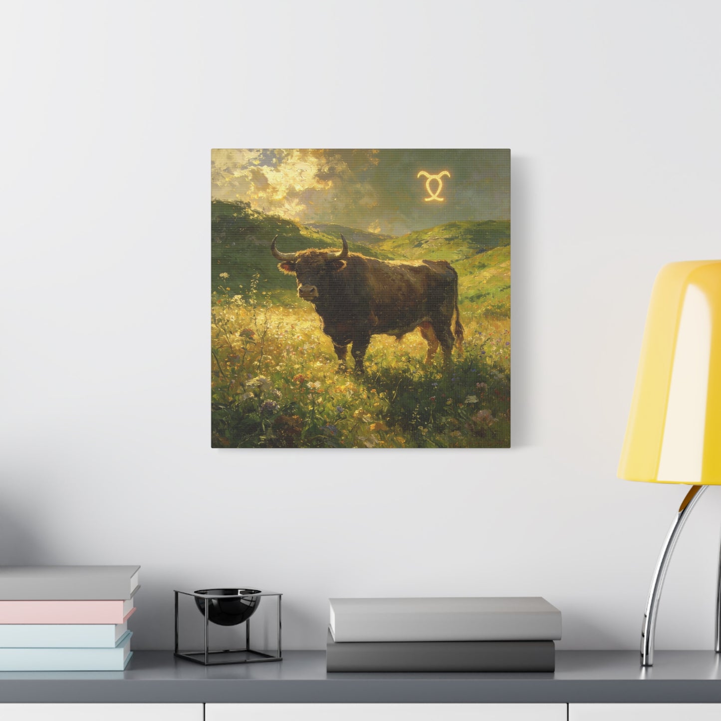 Taurus Bull Canvas Wall Art - Golden Meadow Landscape Painting, Zodiac Symbol, Rustic Contemporary Cotton Canvas Print, Living Room Wall Decor, Bedroom Home Decoration, Office Art Accent