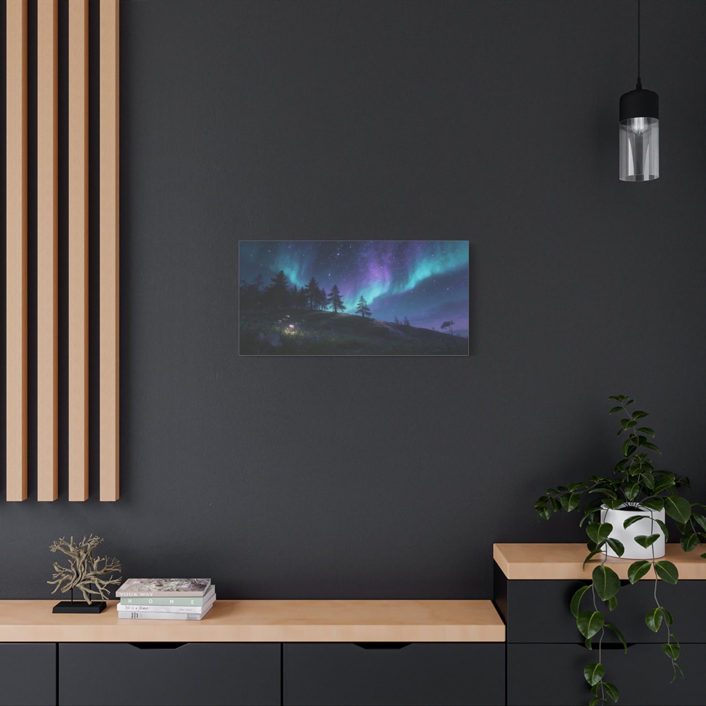 Northern Lights Canvas Wall Art - Aurora Borealis Night Sky Landscape Print, Starry Forest Meadow, Calming Contemporary Decor - Living Room Wall Decor, Bedroom Home Decoration - Modern Farmhouse Style