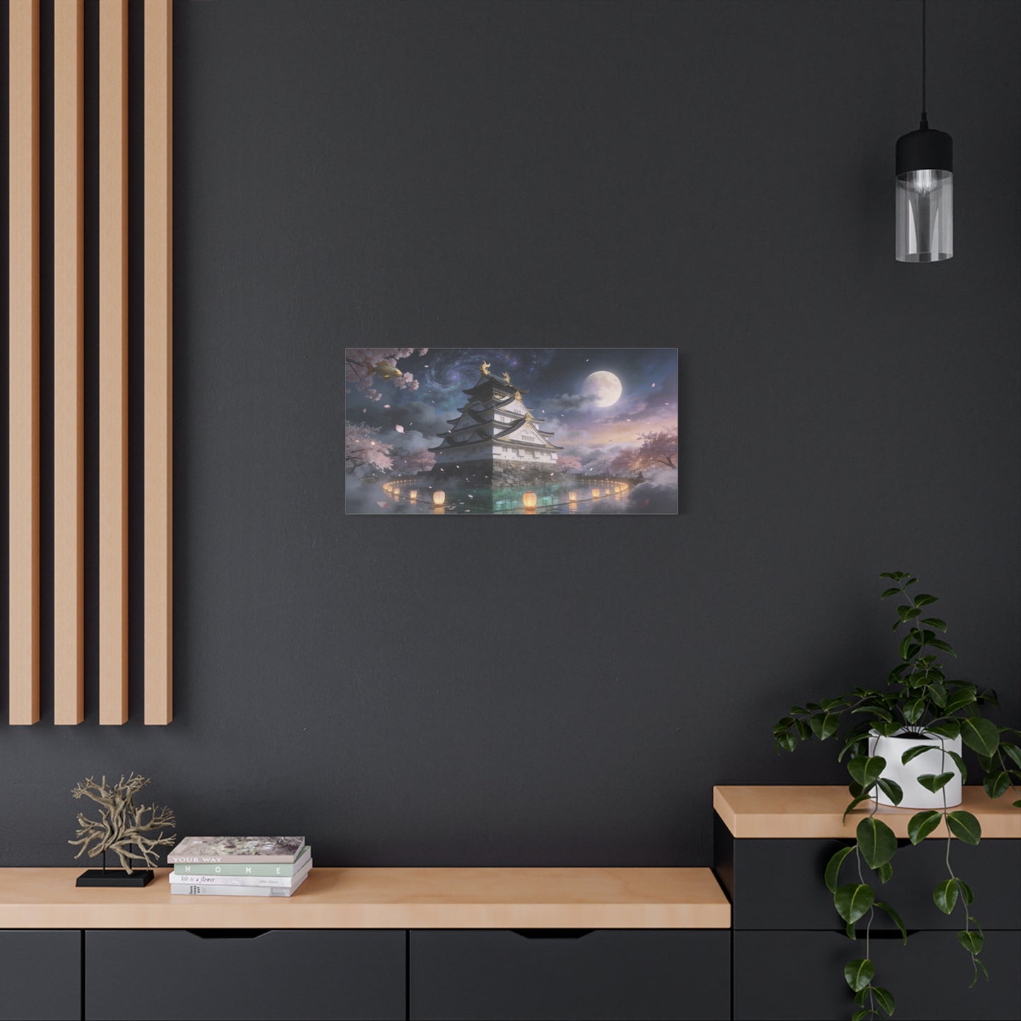 Japanese Castle Canvas Wall Art - Moonlit Cherry Blossom Pagoda, Floating Koi, Fantasy Night Sky - Matte Cotton Art Print - Contemporary Landscape Style For Living Room Wall Decor - Ready to Hang