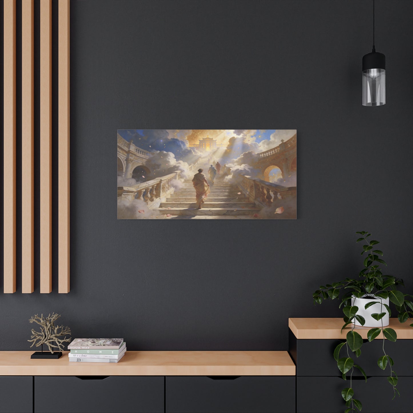 Celestial Stairway Canvas Wall Art - Figures Ascending Through Clouds, Golden Temple Light - Matte Cotton Art Print - Classical Fantasy Style - Living Room Wall Decor, Office Accent - Ready to Hang