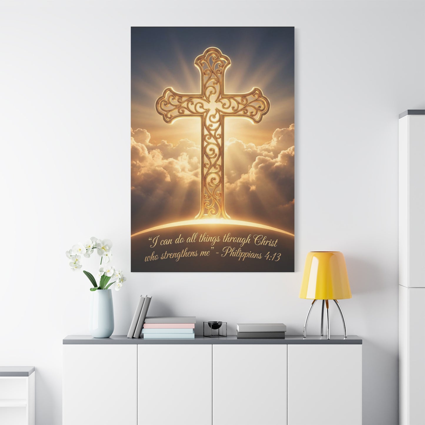 "I Can Do All Things Through Christ Who Strengthens Me" Cross Canvas Wall Art - Philippians 4:13 Scripture Decor, Golden Clouds Christian Wall Hanging, Bedroom Living Room - Bedroom Home Decoration