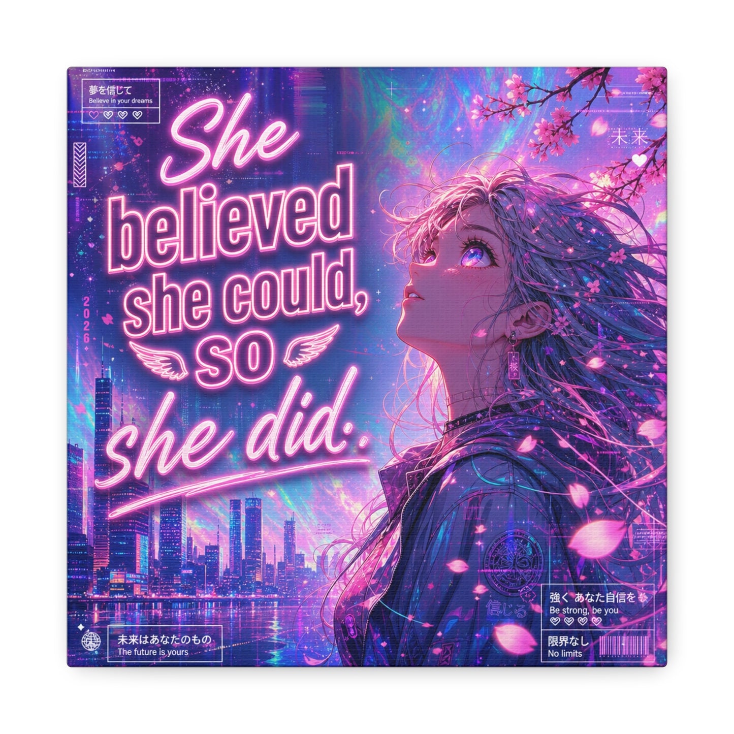 "She Believed She Could, So She Did" Anime Girl Canvas Wall Art - Neon Sakura Cityscape, Inspirational Typography Print - Contemporary Bedroom Wall Decor, Teenager Room Decor - Bedroom Home Decoration
