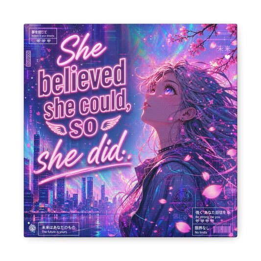 "She Believed She Could, So She Did" Anime Girl Canvas Wall Art - Neon Sakura Cityscape, Inspirational Typography Print - Contemporary Bedroom Wall Decor, Teenager Room Decor - Bedroom Home Decoration