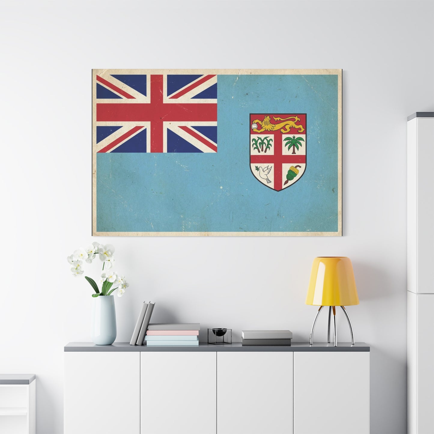 Vintage Fiji Flag Canvas Wall Art - Distressed British Ensign And Shield Print - Retro Patriotic Decor, Coastal Blue Island Style, Living Room Wall Decor, Office Art - Ready to Hang - Ready to Hang