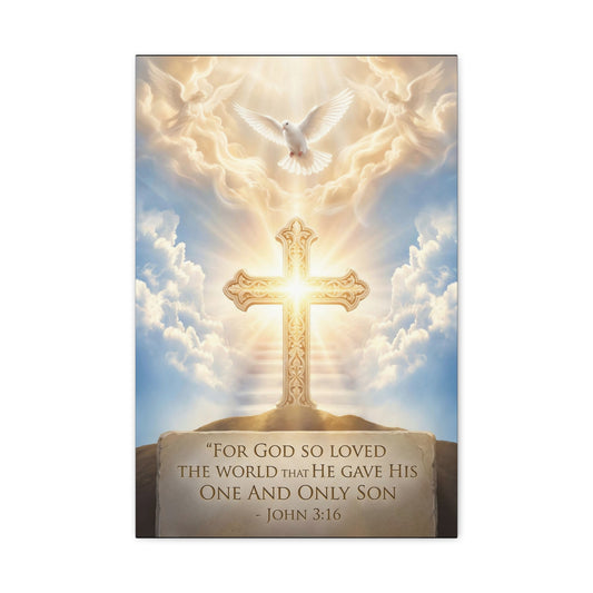 "For God So Loved The World That He Gave His One And Only Son" Christian Canvas Wall Art - Glowing Cross, Dove And Angels - Traditional Religious Wall Decor - Bedroom Living Room - Ready to Hang