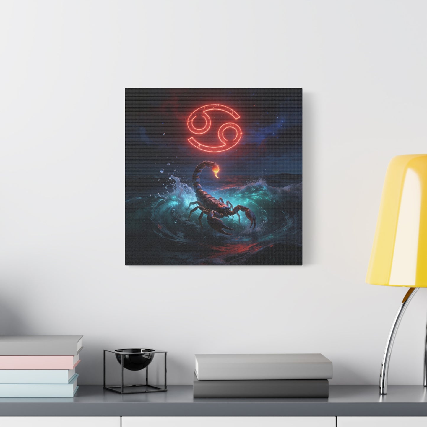 Cancer Zodiac Canvas Wall Art - Neon Crab Ocean Astrology Print, Celestial Night Seascape, Matte Canvas Decor, Bedroom Home Decoration, Living Room Wall Decor, Modern Space Style - Ready to Hang