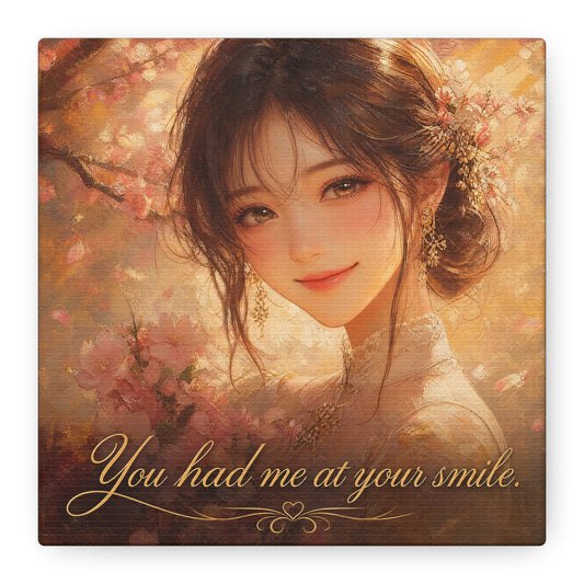 You Had Me At Your Smile Portrait Canvas Wall Art - Romantic Floral Woman Quote Print - Golden Blush Illustration - Traditional Style Living Room Decor - Ready to Hang - Living Room Wall Decor