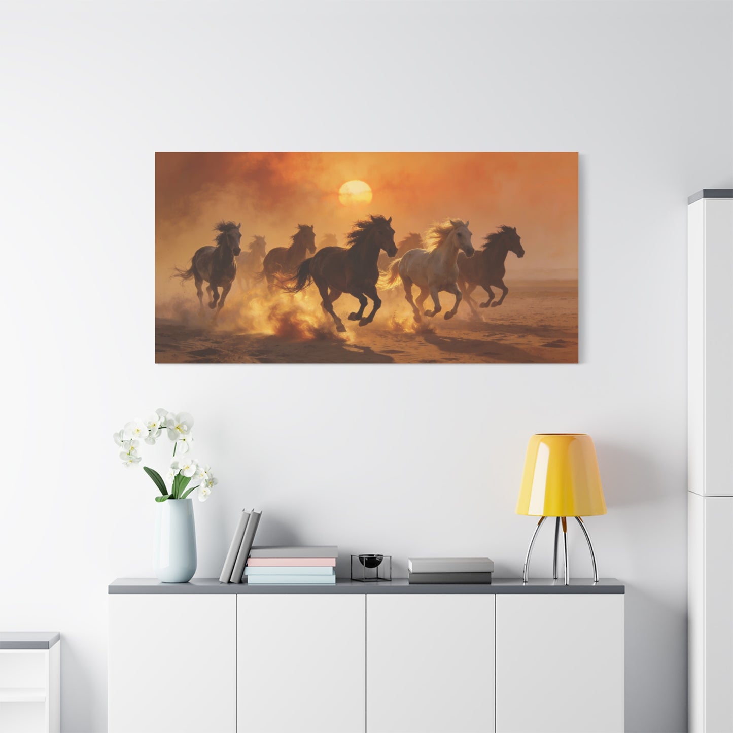 Running Horses Canvas Wall Art - Sunset Desert Herd, Golden Dust Motion - Matte Cotton Print, Contemporary Western Style - Living Room Wall Decor, Bedroom Home Decoration - Bedroom Home Decoration