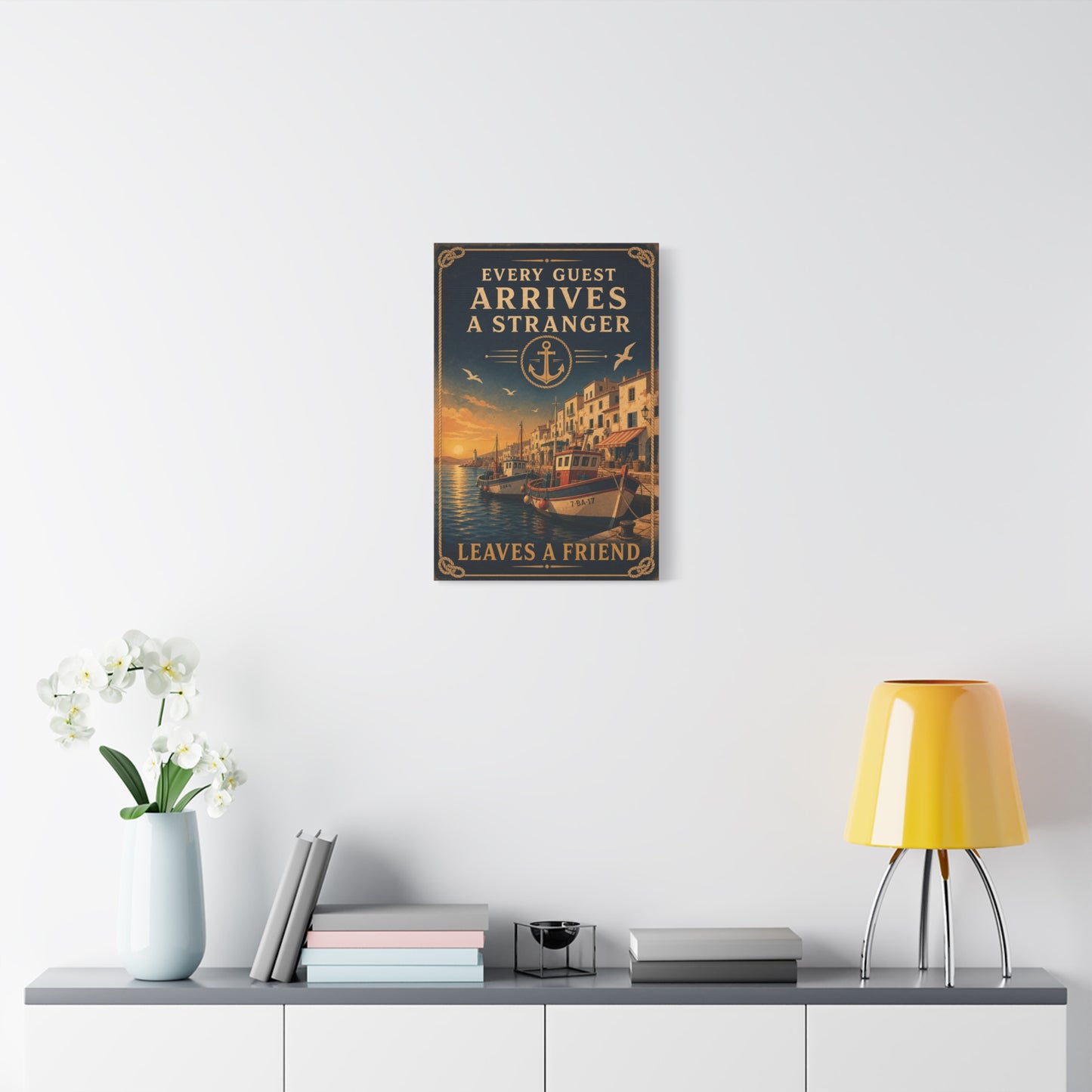 "Every Guest Arrives A Stranger Leaves A Friend" Nautical Canvas Wall Art - Vintage Harbor Sunset, Coastal Typography Print, Anchor Sailor Decor, Living Room Wall Decor - Bedroom Home Decoration