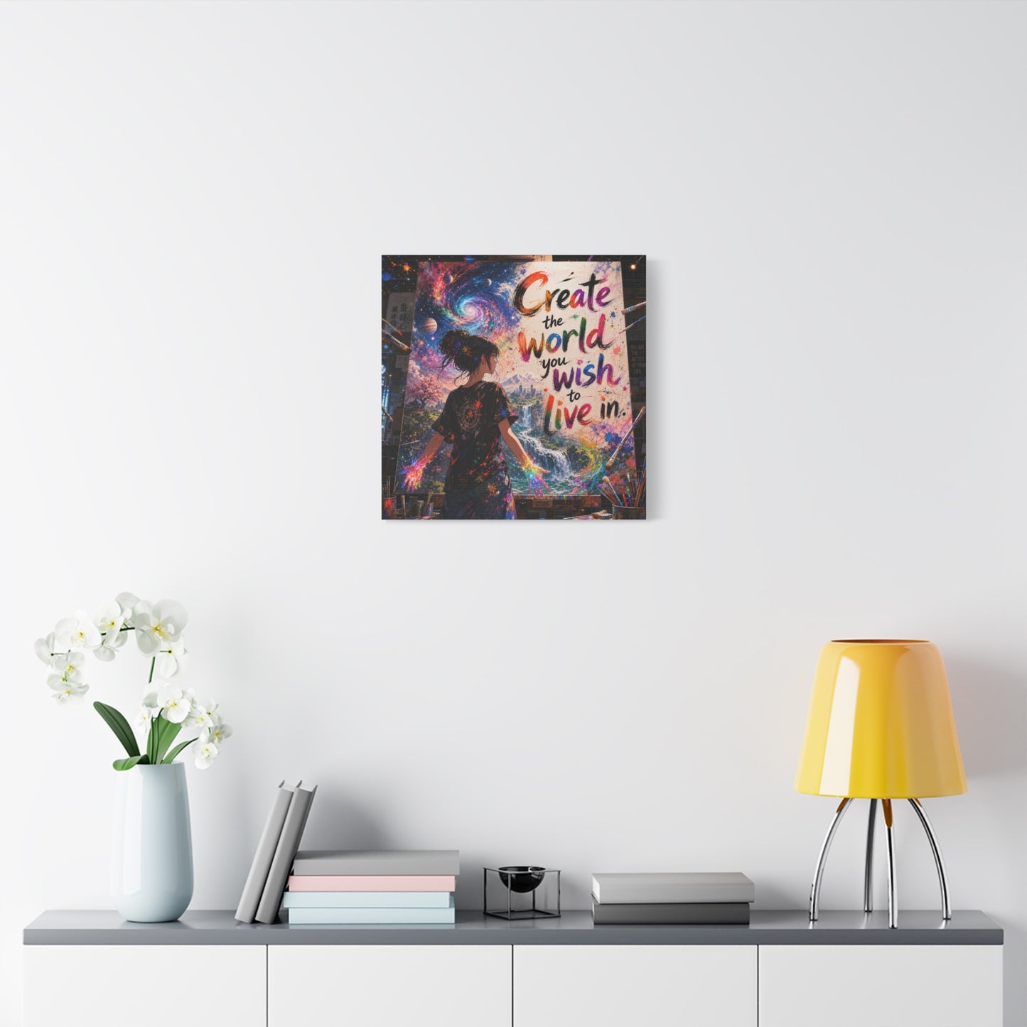"Create The World You Wish To Live In" Inspirational Canvas Wall Art - Colorful Cosmic Artist Girl Quote Print - Modern Typography Decor - Bedroom Home Decoration, Creative Office Accent
