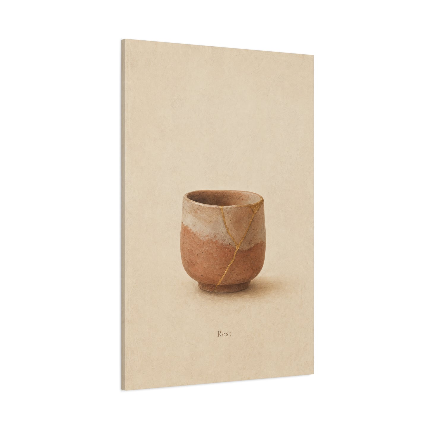 "Rest" Kintsugi Pot Canvas Wall Art - Minimalist Still Life Ceramic Vessel Print - Neutral Beige Brown Japanese Inspired Decor - Bedroom Meditation Space Living Room Home Accent - Office Wall Art