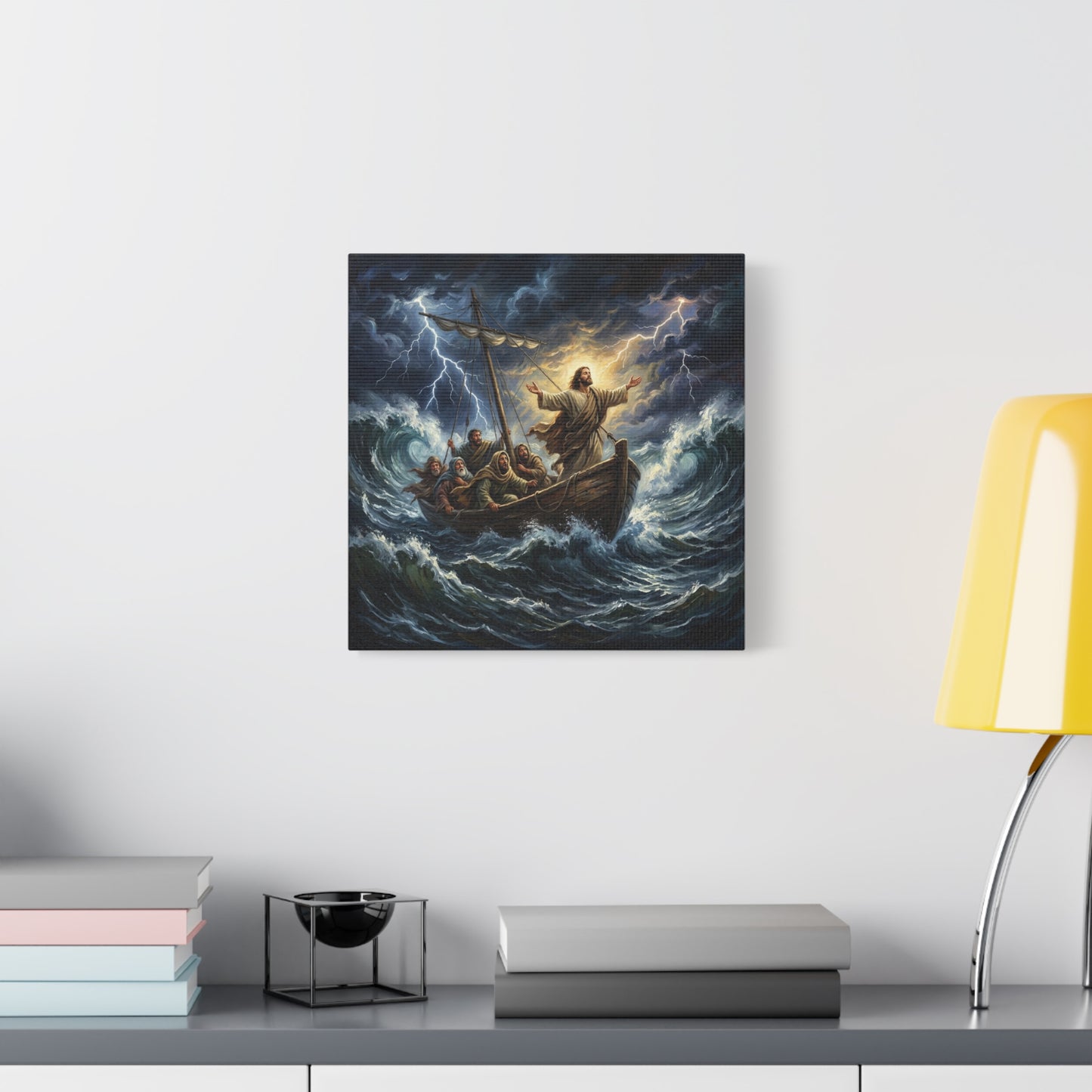 Jesus Calming The Storm Canvas Wall Art - Bible Boat Sea Scene, Dramatic Lightning Waves - Cotton Matte Print - Traditional Religious Decor For Living Room Office Bedroom - Living Room Wall Decor