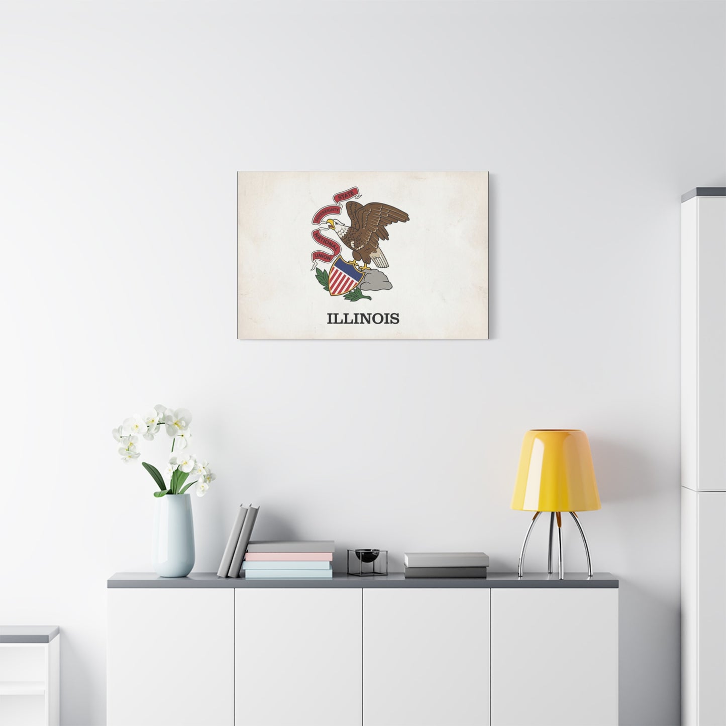 "Illinois" State Flag Canvas Wall Art - Bald Eagle Crest, Vintage State Pride Print - Matte Cotton Art Print - Traditional Americana Style - Living Room Decor, Office Accent - Living Room Wall Decor