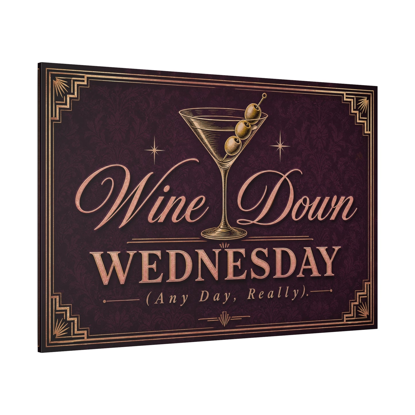"Wine Down Wednesday (Any Day, Really)." Martini Canvas Wall Art - Vintage Cocktail Typography Decor - Art Deco Style, Matte Canvas Print - Bar Cart Wall Decor - Ready to Hang - Ready to Hang