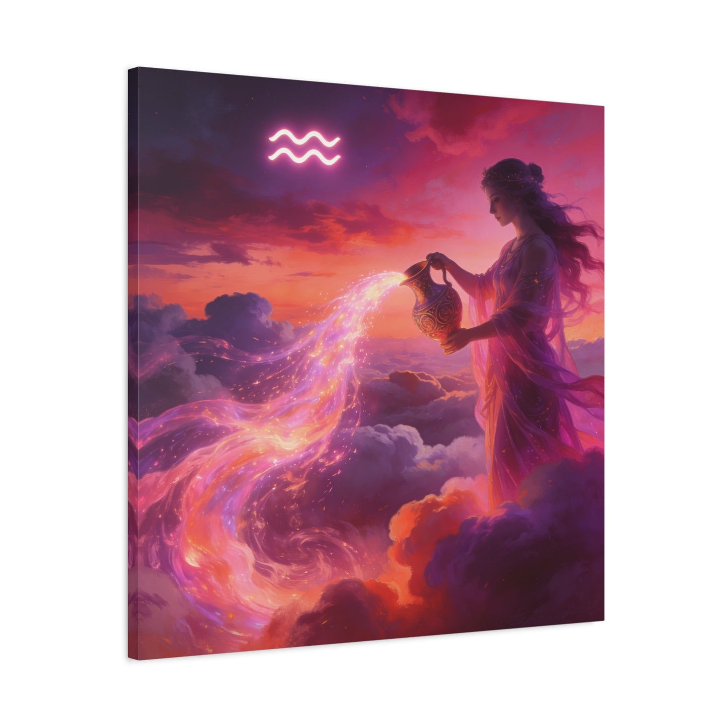 Aquarius Goddess Canvas Wall Art - Zodiac Woman Pouring Celestial Water, Fantasy Sky Illustration - Pink Purple Matte Canvas Print - Bedroom Wall Decor, Bohemian Home Accent - Bedroom Home Decoration