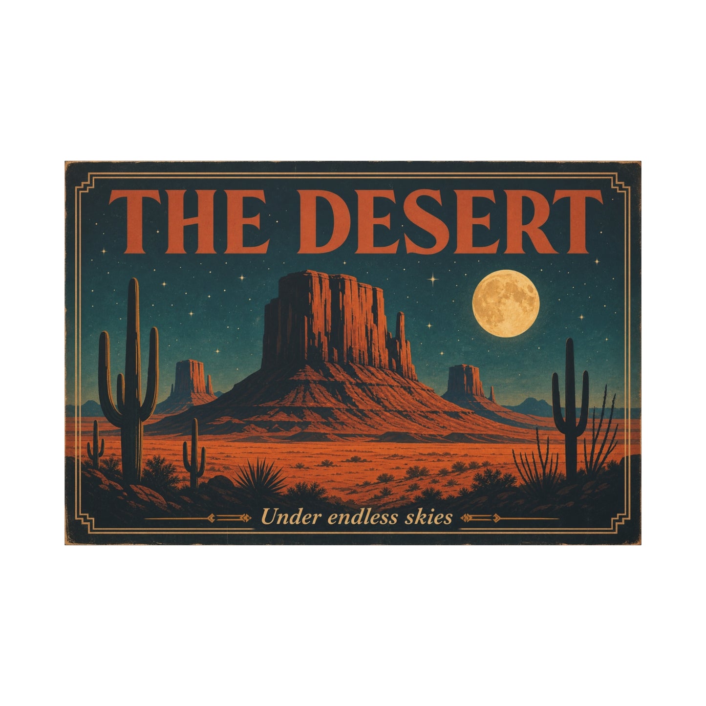 "THE DESERT" Canvas Wall Art - Moonlit Saguaro Desert Mesa Landscape, "Under endless skies" - Vintage Southwest Poster Style, Living Room Wall Decor, Bedroom Home Decoration - Bedroom Home Decoration