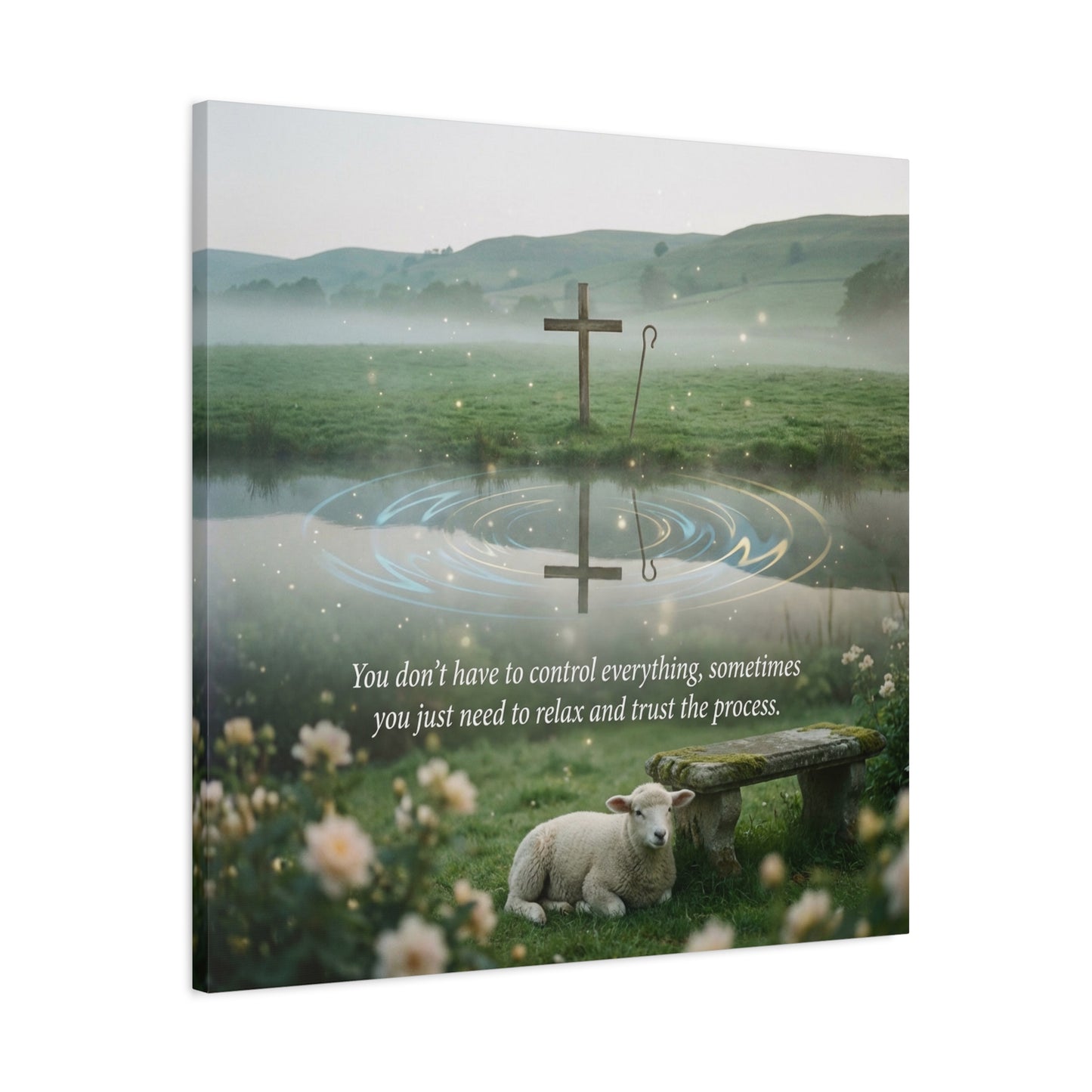 "You Don’t Have To Control Everything, Sometimes You Just Need To Relax And Trust The Process" Canvas Wall Art - Christian Cross, Lamb Meadow Scene - Inspirational Farmhouse Decor - Office Wall Art