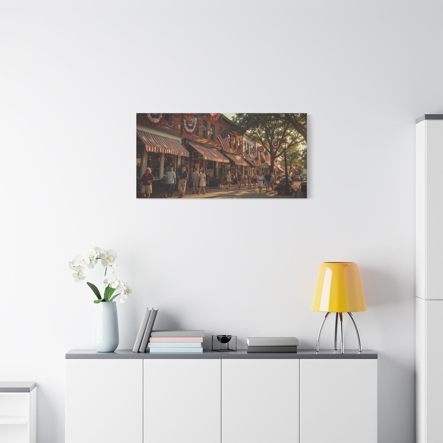 Patriotic Main Street Canvas Wall Art - American Flag Small Town Streetscape, Golden Hour Art Print - Vintage Americana Style - Living Room Wall Decor, Office Art Accent - Ready to Hang